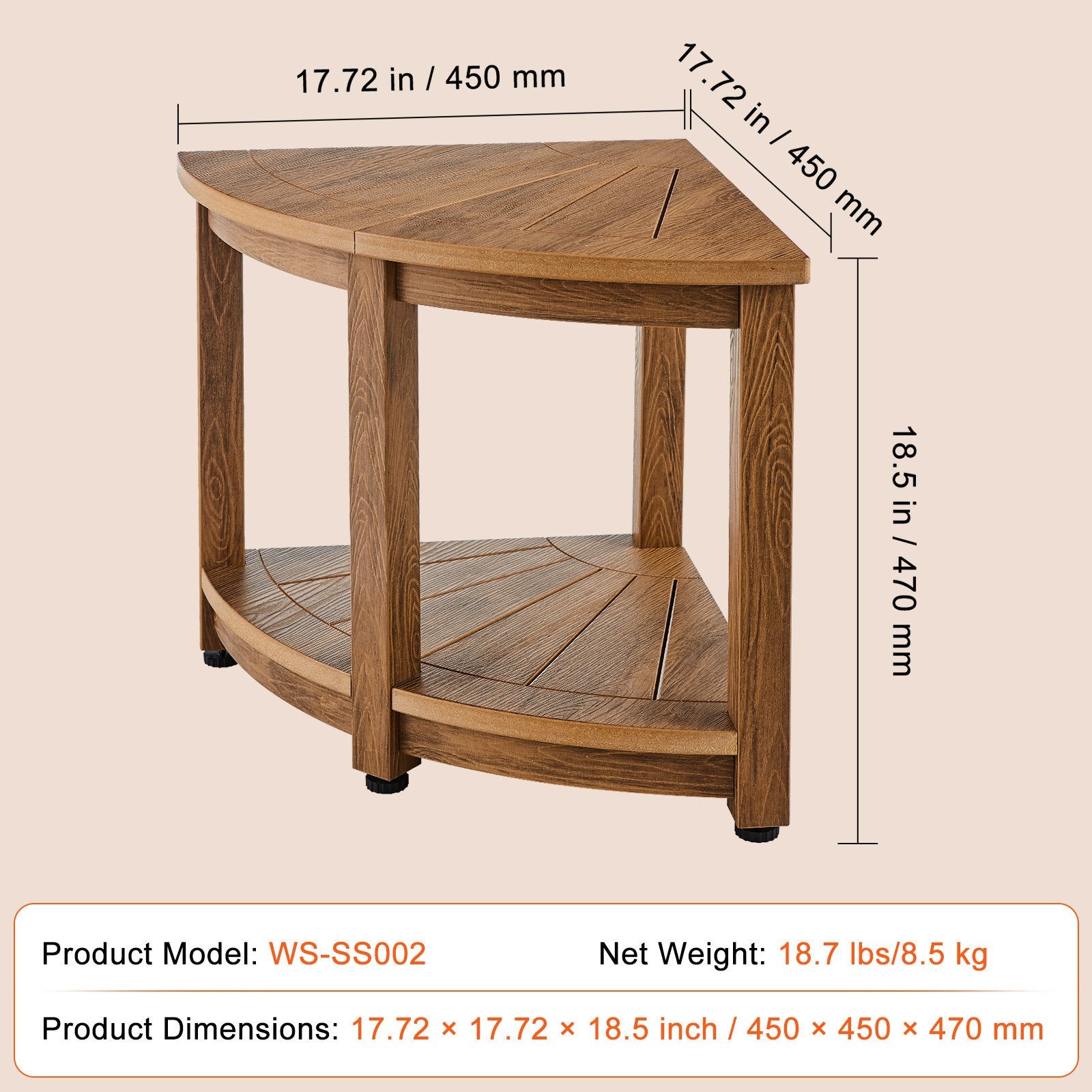 Corner Shower Bench, 18.5" Height 17.75" Radius, Faux Wood Grain Polystyrene,159KGS with Storage Shelf, Water Resistant, Shower Stool for Inside & Outside Shower, for Bathroom, Living Room