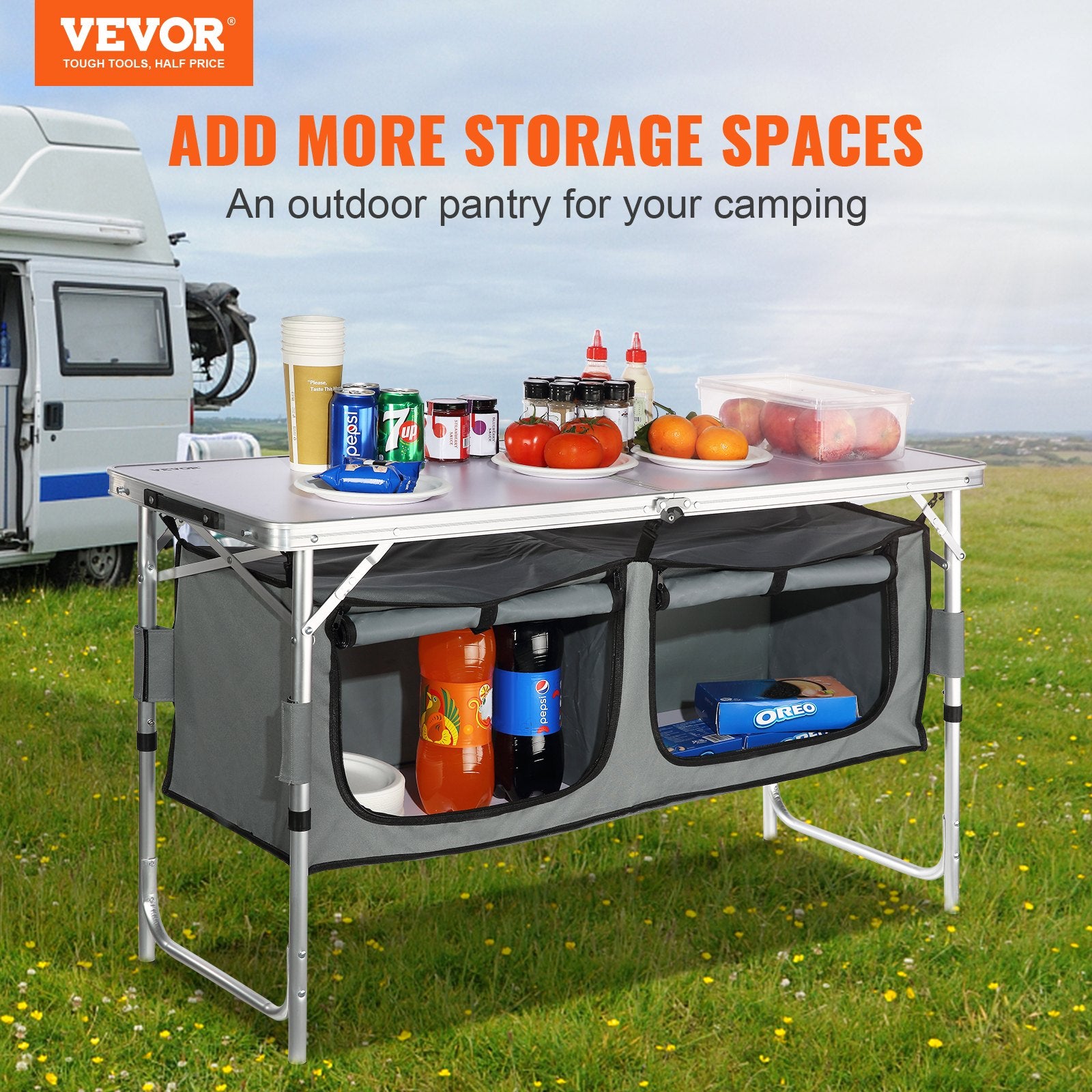 Outdoor Dining Sets: VEVOR Camping Kitchen Table, Quick set-up Folding Camping Table with A Carrying Bag, 3 Adjustable Heights, MDF Camping Table, Ideal for Outdoor Picnics, BBQs, Camping, RV Traveling