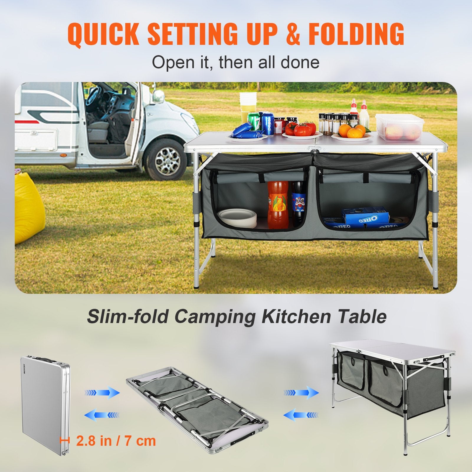 Outdoor Dining Sets: VEVOR Camping Kitchen Table, Quick set-up Folding Camping Table with A Carrying Bag, 3 Adjustable Heights, MDF Camping Table, Ideal for Outdoor Picnics, BBQs, Camping, RV Traveling