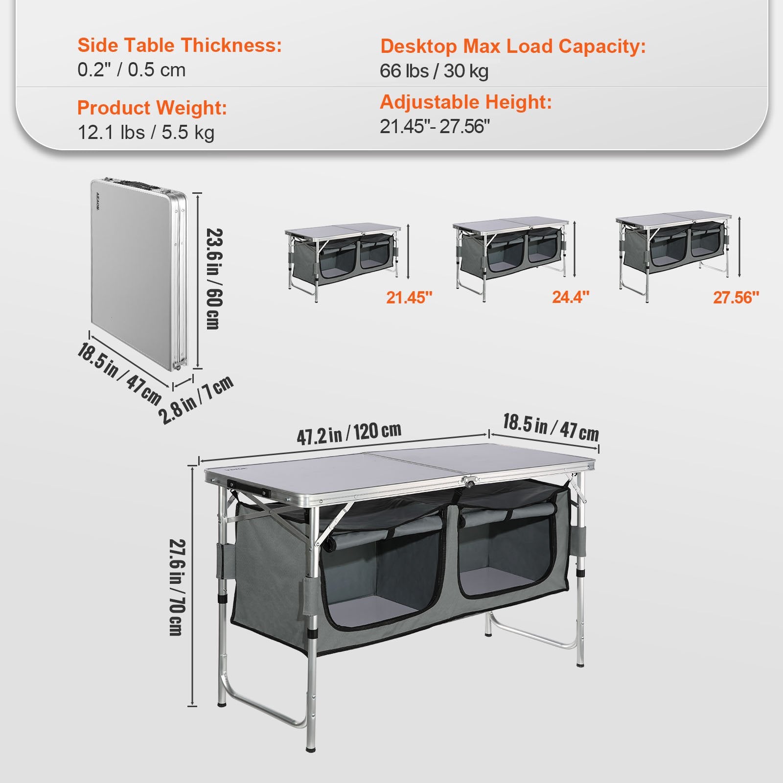 Outdoor Dining Sets: VEVOR Camping Kitchen Table, Quick set-up Folding Camping Table with A Carrying Bag, 3 Adjustable Heights, MDF Camping Table, Ideal for Outdoor Picnics, BBQs, Camping, RV Traveling