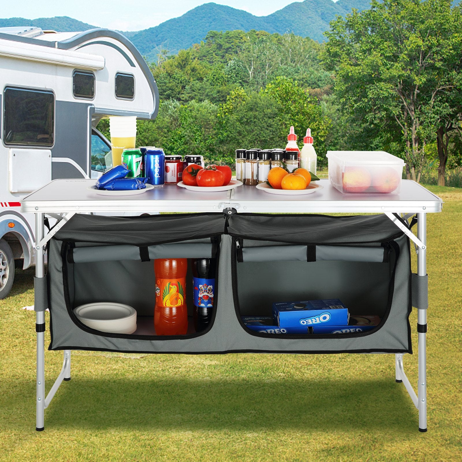 Outdoor Dining Sets: VEVOR Camping Kitchen Table, Quick set-up Folding Camping Table with A Carrying Bag, 3 Adjustable Heights, MDF Camping Table, Ideal for Outdoor Picnics, BBQs, Camping, RV Traveling