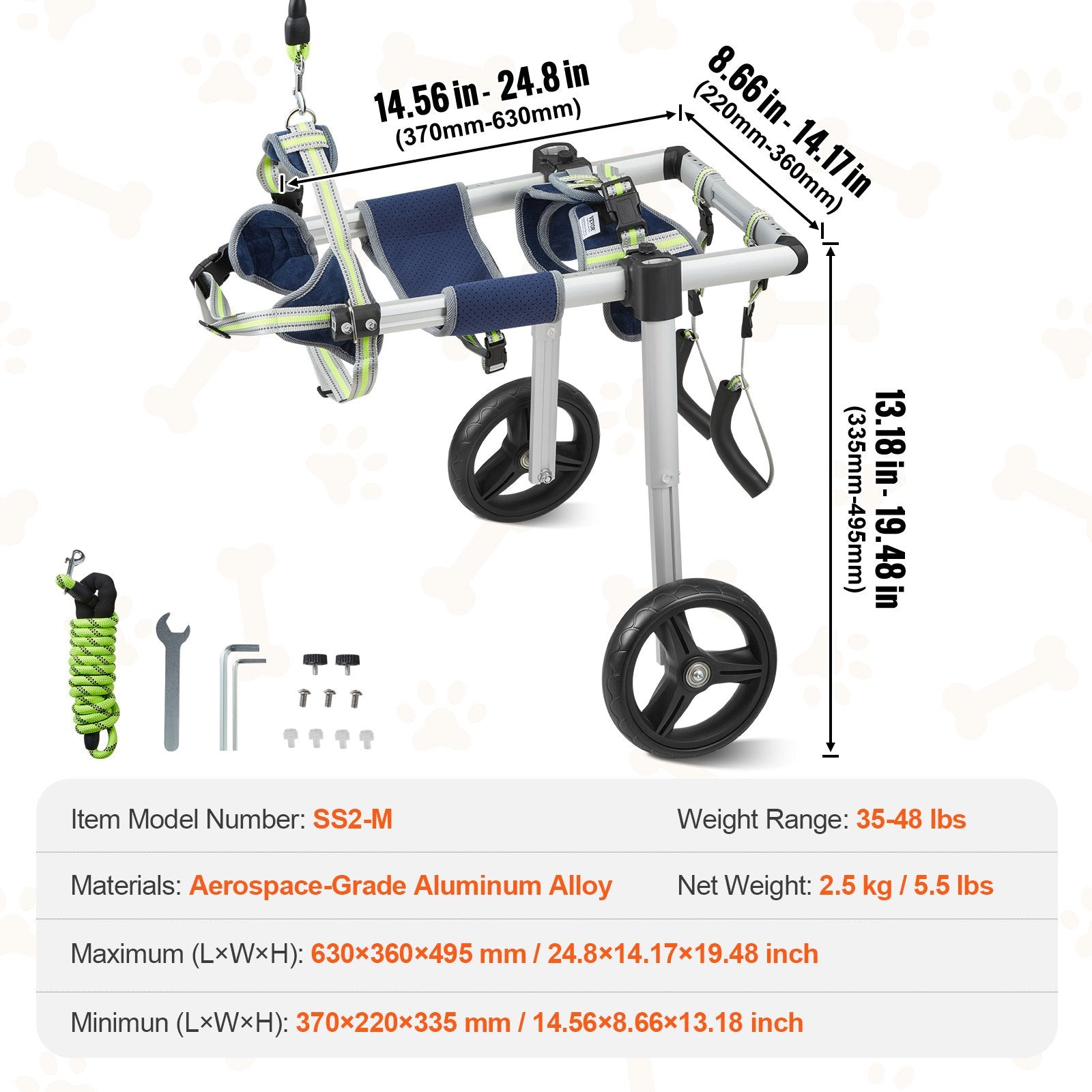 2 Wheels Dog Wheelchair for Back Legs, Pet Wheelchair Lightweight & Adjustable Assisting in Healing, Dog Cart/Wheelchair for Injured, Disabled, Paralysis, Hind Limb Weak Pet(M)