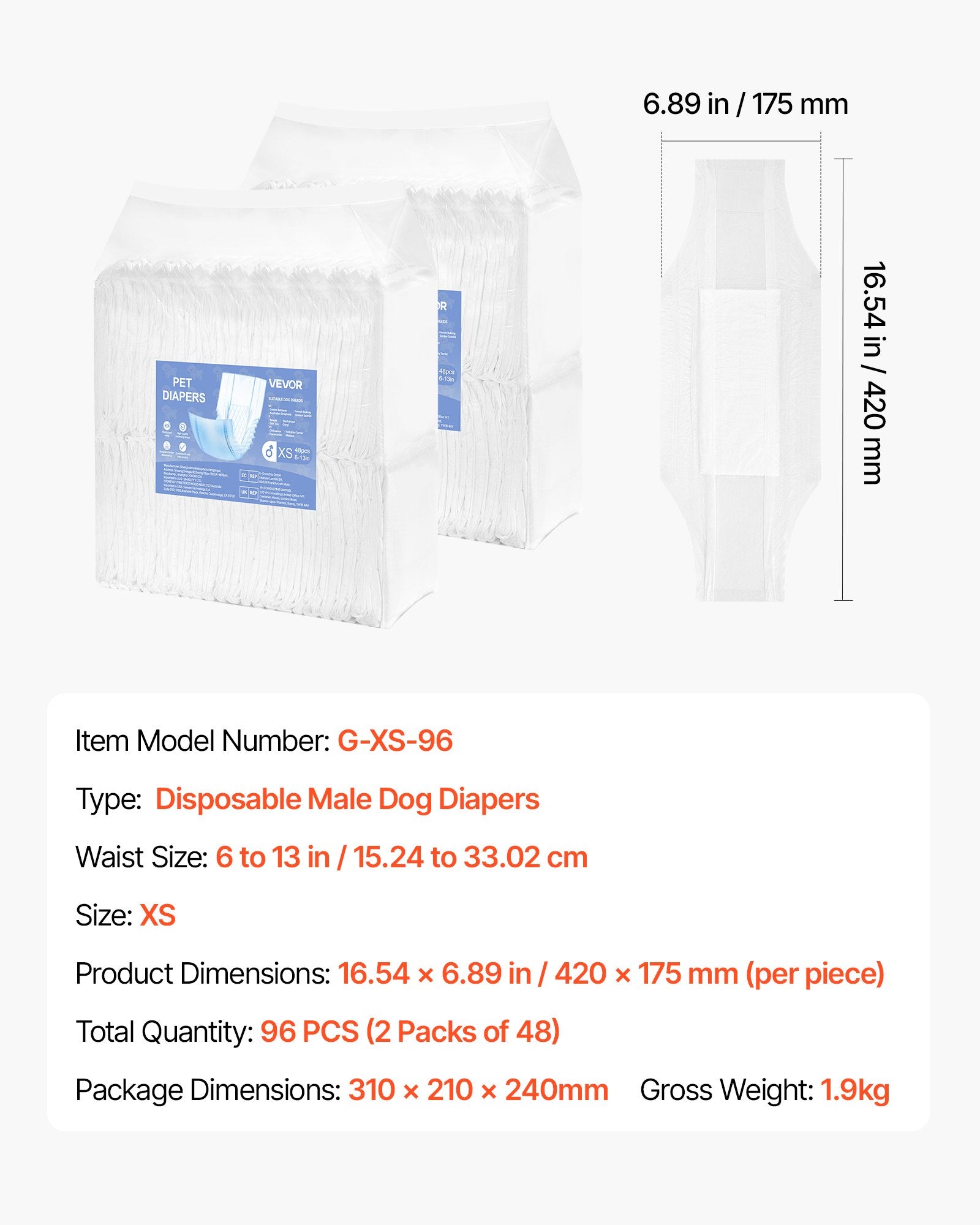 Food Storage: VEVOR Disposable Male Dog Diapers, Super Absorbent Male Dog Wraps, 360 ° Leak-Proof Belly Bands with Wetness Indicator for Doggies in Heat, Training, Incontinence - XS, 96 Count (2 Packs of 48)