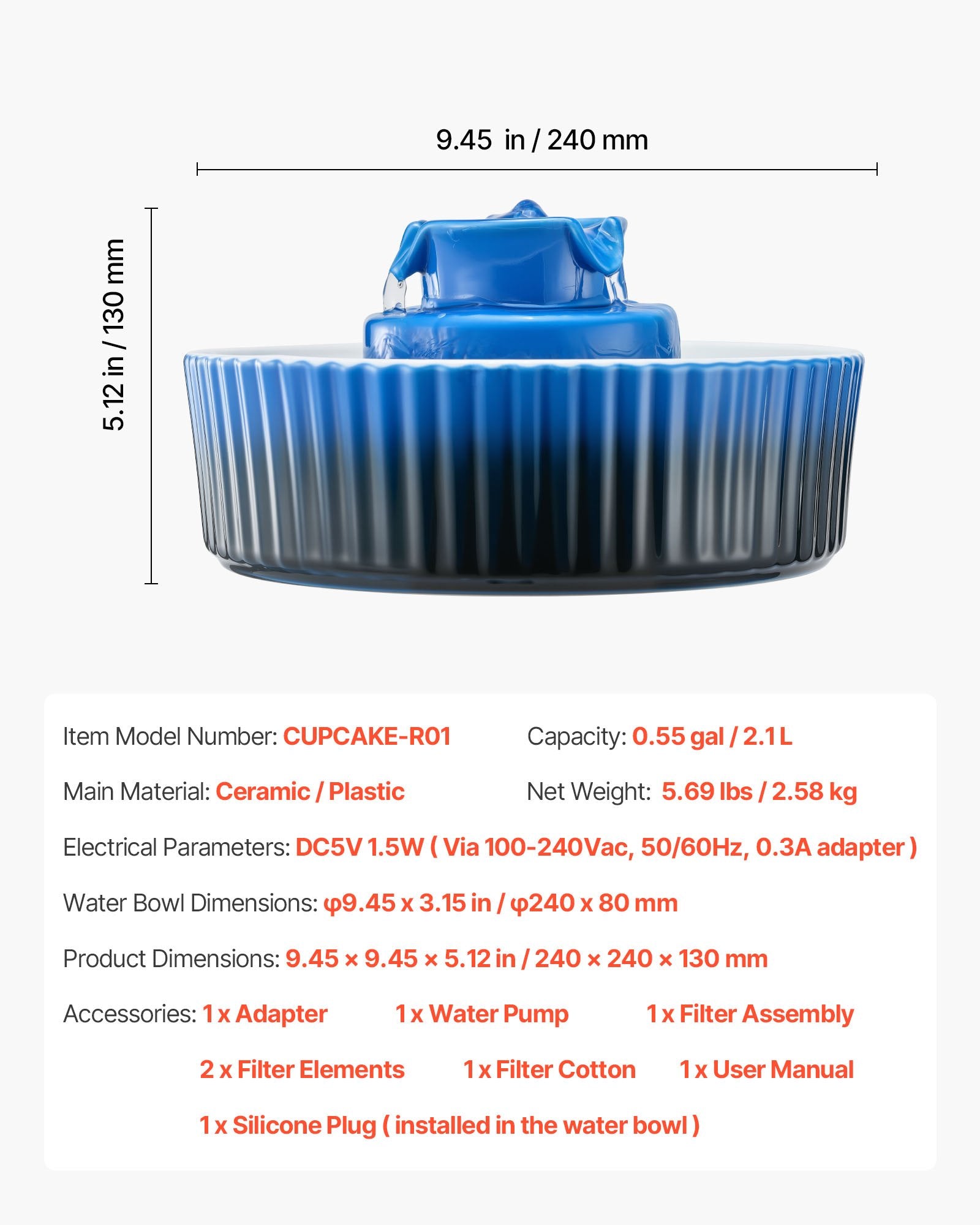 Dog Bowls, Feeders & Waterers: VEVOR Ceramic Cat Water Fountain, 2.1 L Cupcake Pet Fountain, Porcelain Cat Water Dispenser with Ultra-Quiet Pump, 360° Drinking Area and Multi-Layer Filtration System, for Cats & Dogs Drinking(Blue)