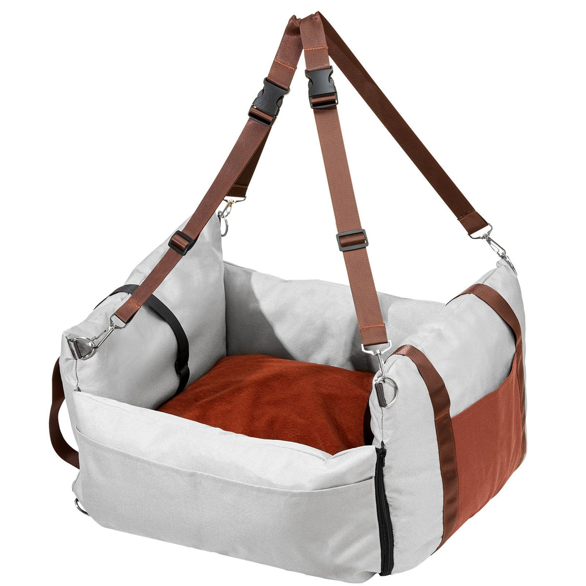 Dog Car Seat, Waterproof Dog Booster Seat for Car with Side Handles and A Storage Pocket, Clip-On Safety Leash and PP Cotton Filling, Dog Car Bed for Small Dog up to 11.3 kg, Gray