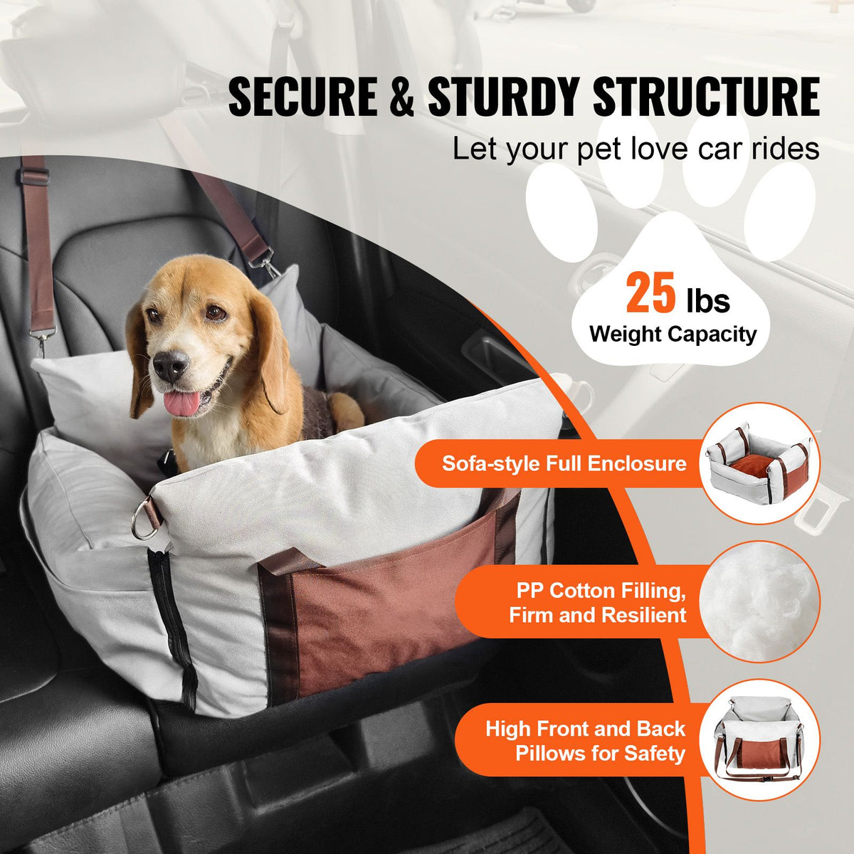 Dog Car Seat, Waterproof Dog Booster Seat for Car with Side Handles and A Storage Pocket, Clip-On Safety Leash and PP Cotton Filling, Dog Car Bed for Small Dog up to 11.3 kg, Gray