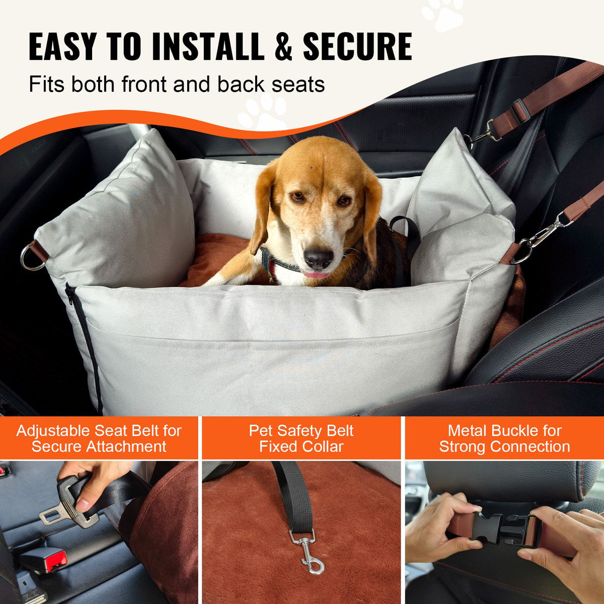 Dog Car Seat, Waterproof Dog Booster Seat for Car with Side Handles and A Storage Pocket, Clip-On Safety Leash and PP Cotton Filling, Dog Car Bed for Small Dog up to 11.3 kg, Gray