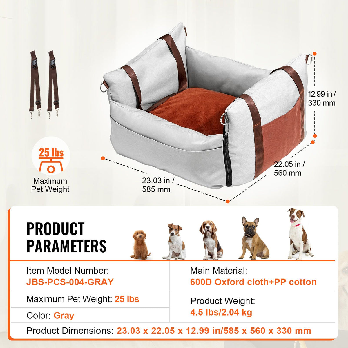 Dog Car Seat, Waterproof Dog Booster Seat for Car with Side Handles and A Storage Pocket, Clip-On Safety Leash and PP Cotton Filling, Dog Car Bed for Small Dog up to 11.3 kg, Gray
