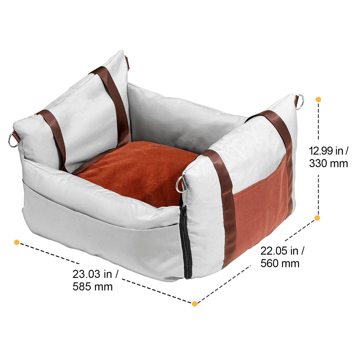 Dog Car Seat, Waterproof Dog Booster Seat for Car with Side Handles and A Storage Pocket, Clip-On Safety Leash and PP Cotton Filling, Dog Car Bed for Small Dog up to 11.3 kg, Gray