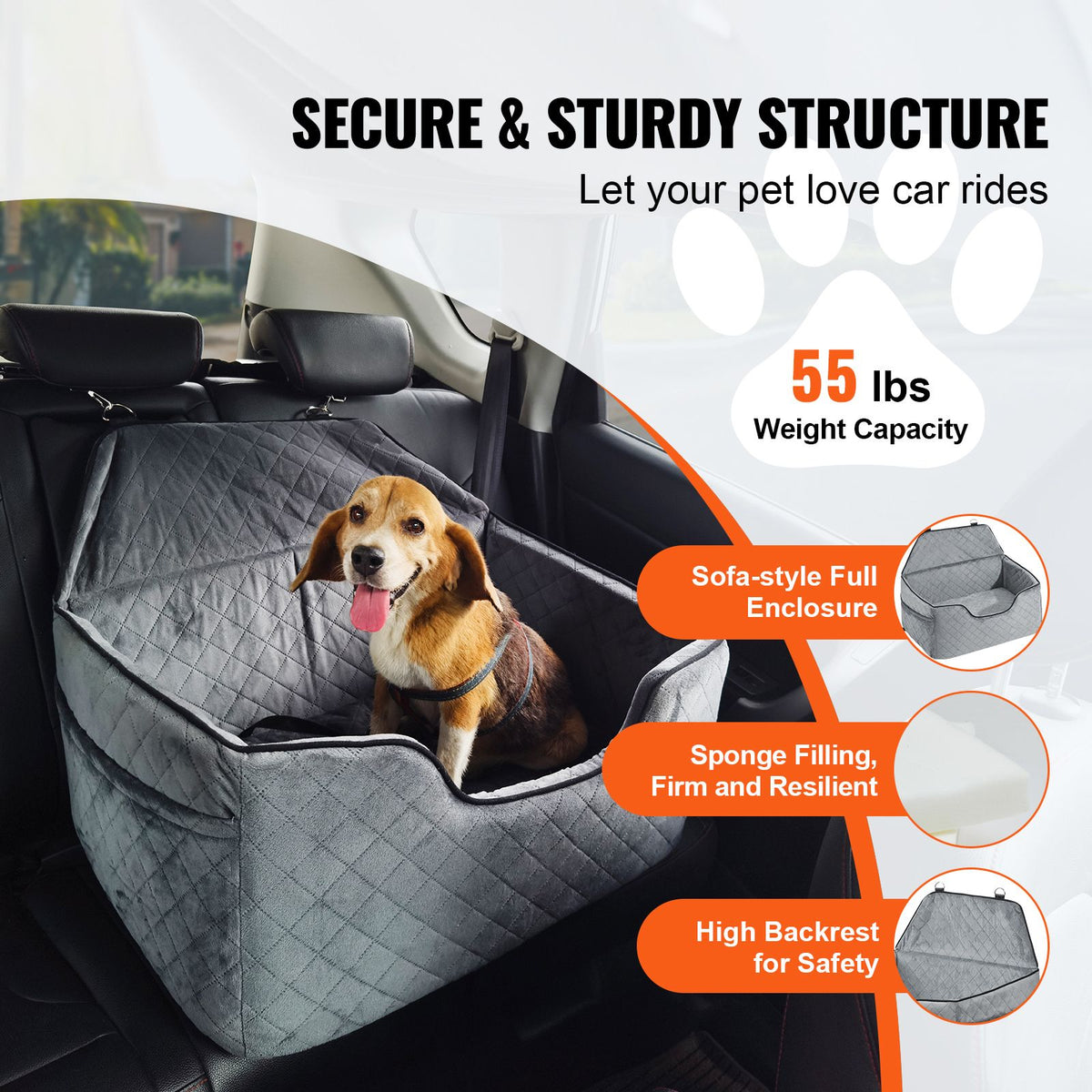 Dog Car Seat, Dog Booster Seat for Car with A Storage Pocket, Pet Car Seat with Clip-On Safety Leash, Sponge Filling, Dog Car Bed for Medium & Large Dog up to 24.9 kg, Gray