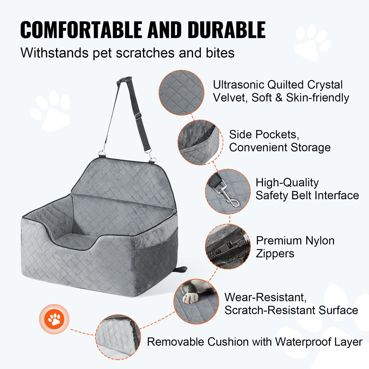 Dog Car Seat, Dog Booster Seat for Car with A Storage Pocket, Pet Car Seat with Clip-On Safety Leash, Sponge Filling, Dog Car Bed for Medium & Large Dog up to 24.9 kg, Gray