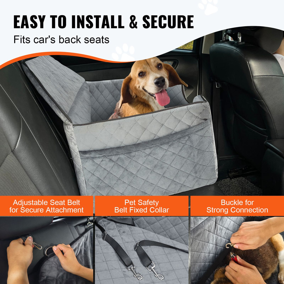 Dog Car Seat, Dog Booster Seat for Car with A Storage Pocket, Pet Car Seat with Clip-On Safety Leash, Sponge Filling, Dog Car Bed for Medium & Large Dog up to 24.9 kg, Gray
