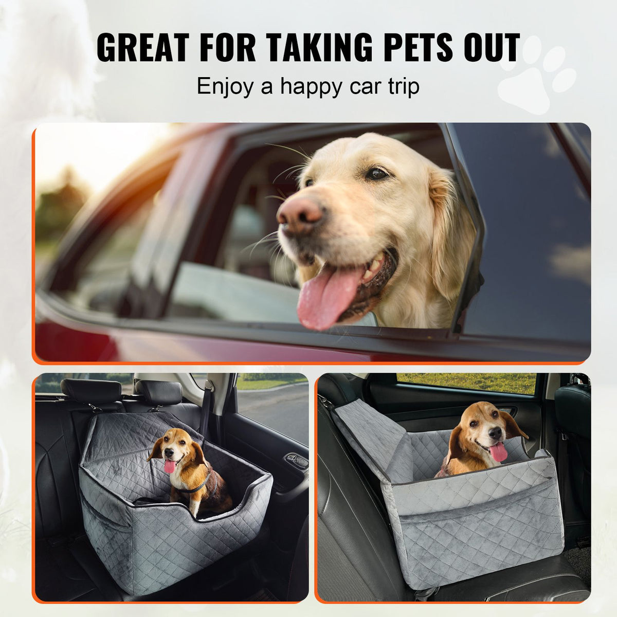 Dog Car Seat, Dog Booster Seat for Car with A Storage Pocket, Pet Car Seat with Clip-On Safety Leash, Sponge Filling, Dog Car Bed for Medium & Large Dog up to 24.9 kg, Gray