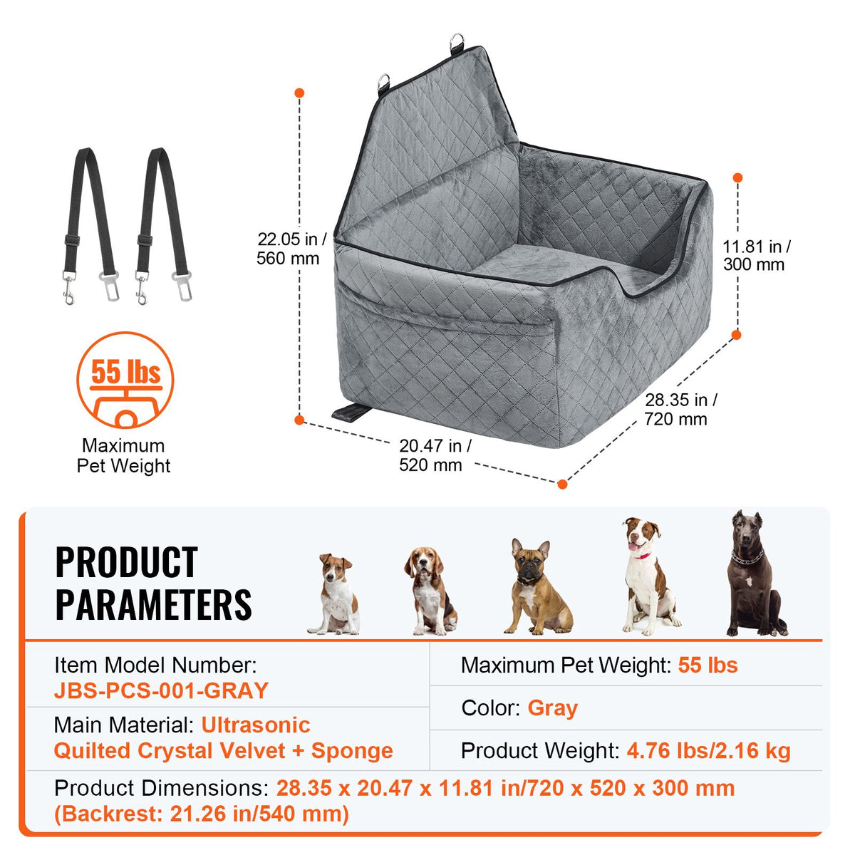 Dog Car Seat, Dog Booster Seat for Car with A Storage Pocket, Pet Car Seat with Clip-On Safety Leash, Sponge Filling, Dog Car Bed for Medium & Large Dog up to 24.9 kg, Gray