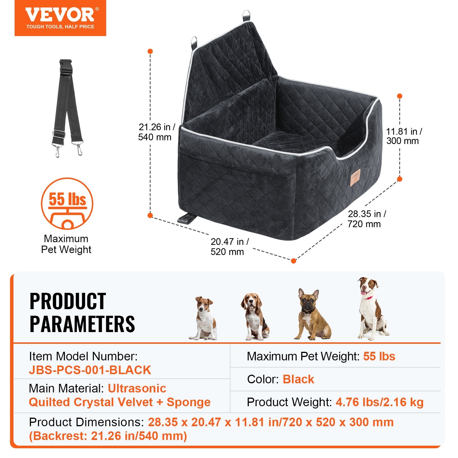 Automotive Parts: VEVOR Dog Booster Car Seat Pet Car Seat for Medium Large Dog up to 24.9 kg Black