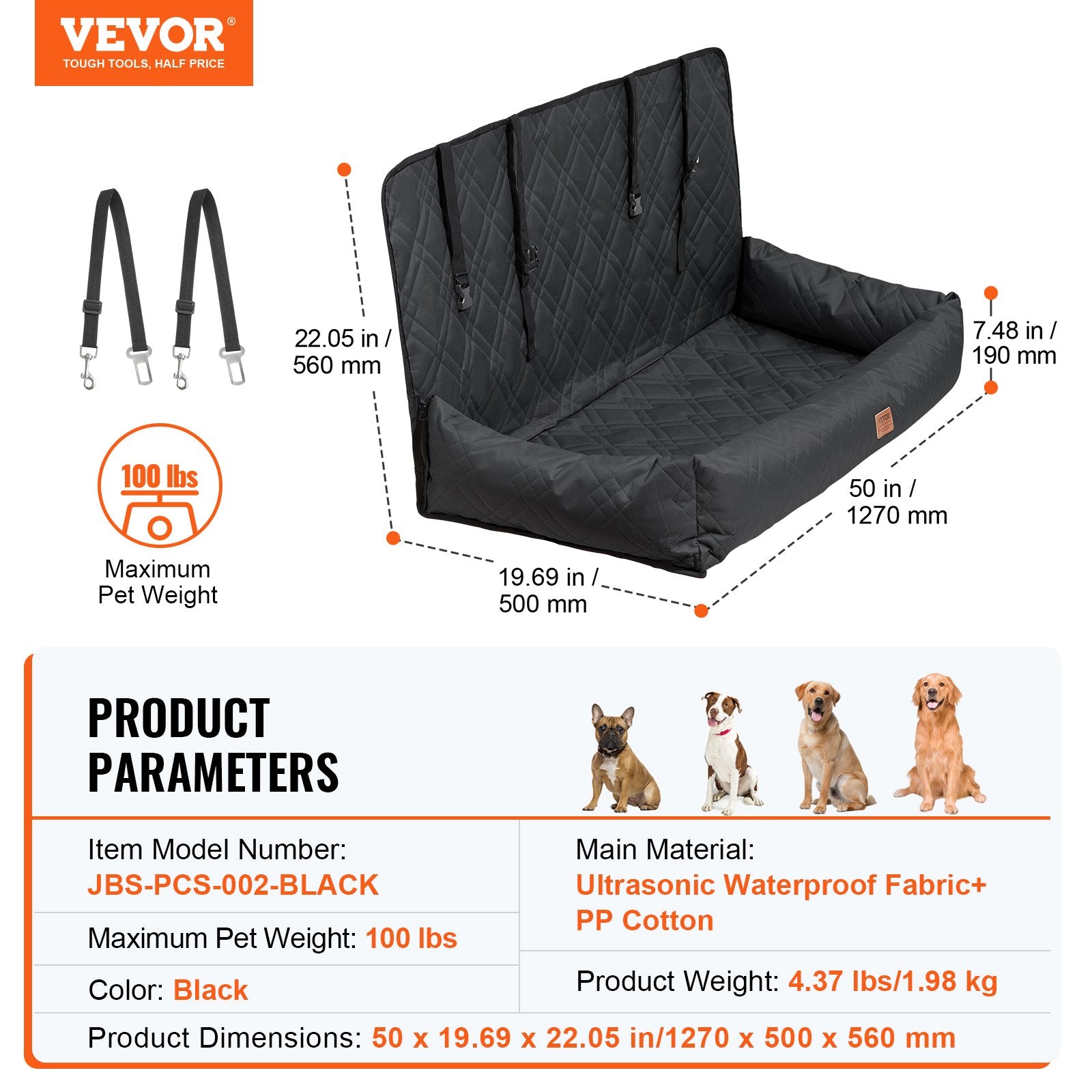Automotive Decor: VEVOR Dog Car Seat, Waterproof Dog Booster Seat for Car, Pet Car Seat with Clip-On Safety Leash, PP Cotton Filling, Dog Car Bed for Medium & Large Dog up to 45.4 kg, Black