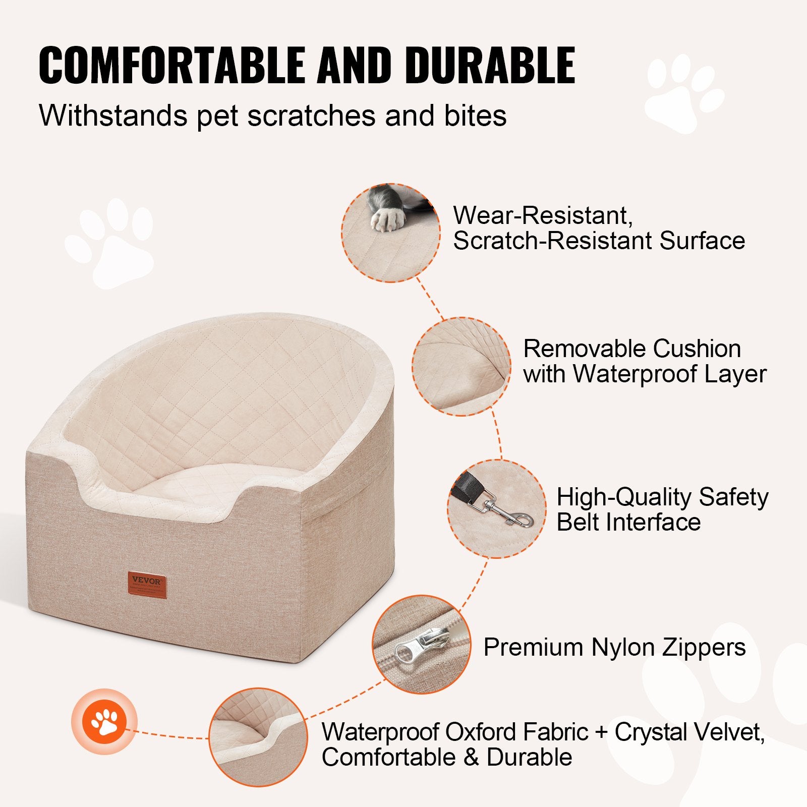 Cat Scratching Posts: VEVOR Dog Car Seat, Waterproof Dog Booster Seat for Car with A Storage Pocket, Clip-On Safety Leash and Sponge Filling, Dog Car Bed for Small & Medium Dog up to 24.9 kg, Brown