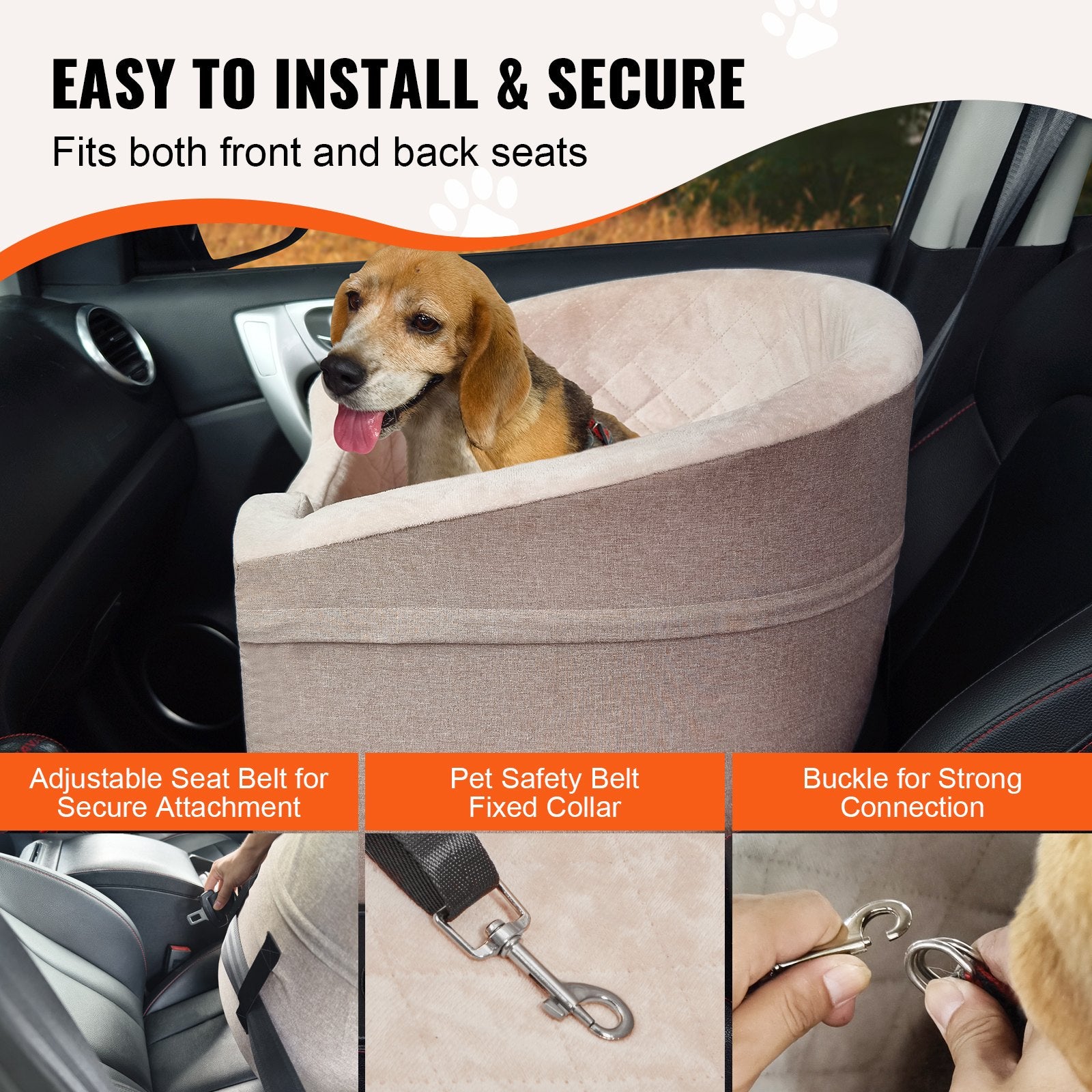 Cat Scratching Posts: VEVOR Dog Car Seat, Waterproof Dog Booster Seat for Car with A Storage Pocket, Clip-On Safety Leash and Sponge Filling, Dog Car Bed for Small & Medium Dog up to 24.9 kg, Brown