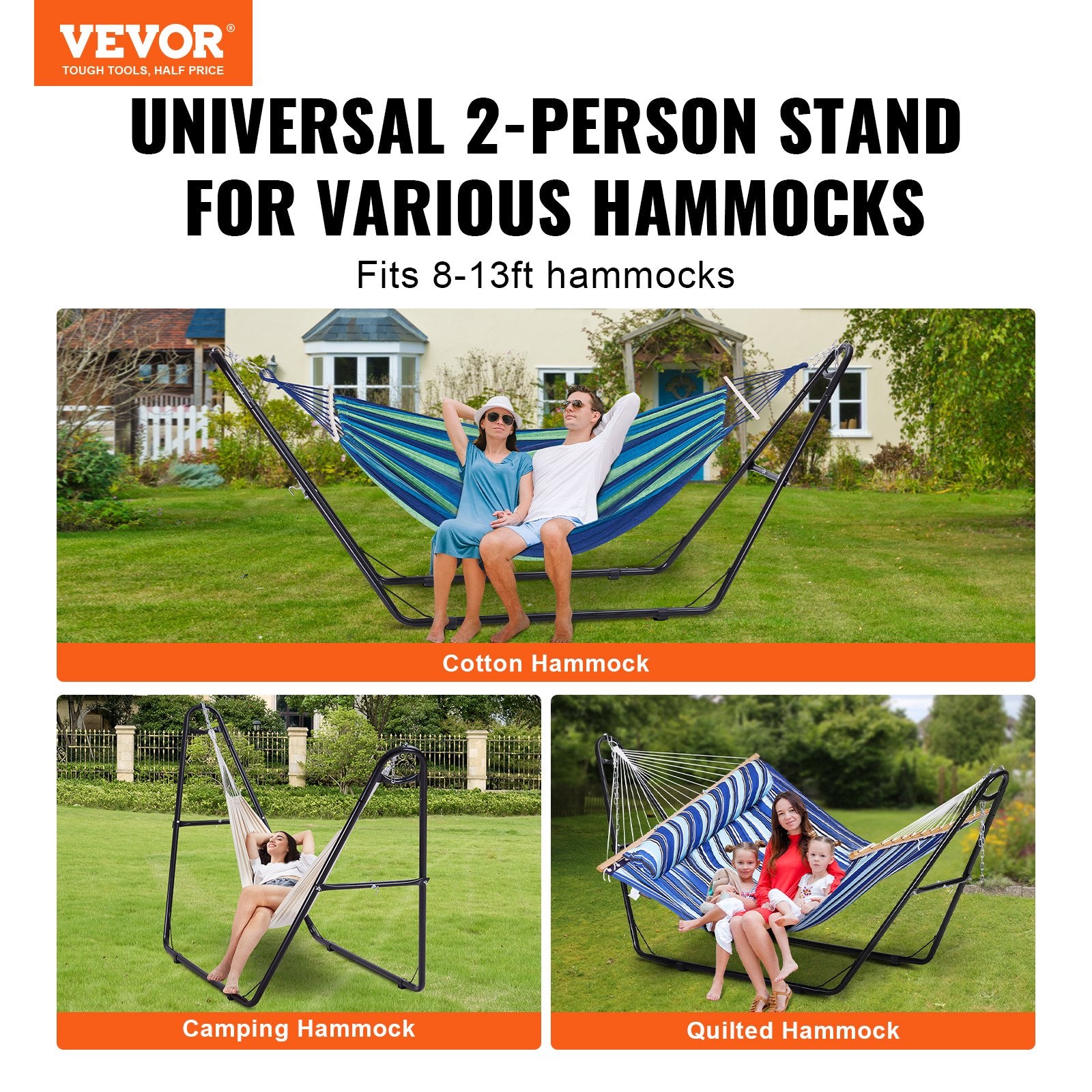Universal 2 Person Hammock Stand, Adjustable Heavy Duty 550 lbs Capacity Hammock Stand Fits 8-13 ft Hammocks for Outdoor and Indoor Portable Hammock Stand with Chain, Hook, and Carrying Bag