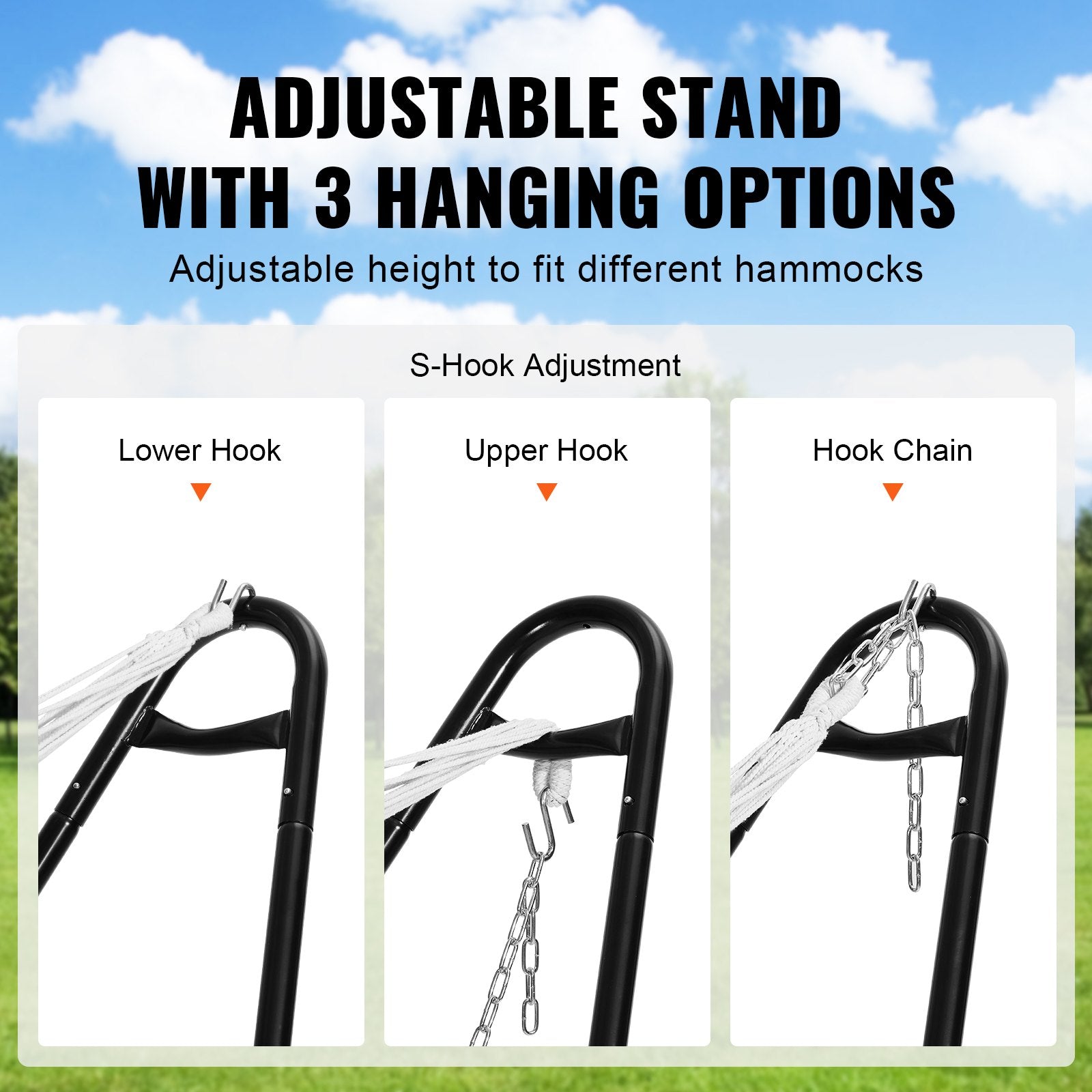 Universal 2 Person Hammock Stand, Adjustable Heavy Duty 550 lbs Capacity Hammock Stand Fits 8-13 ft Hammocks for Outdoor and Indoor Portable Hammock Stand with Chain, Hook, and Carrying Bag