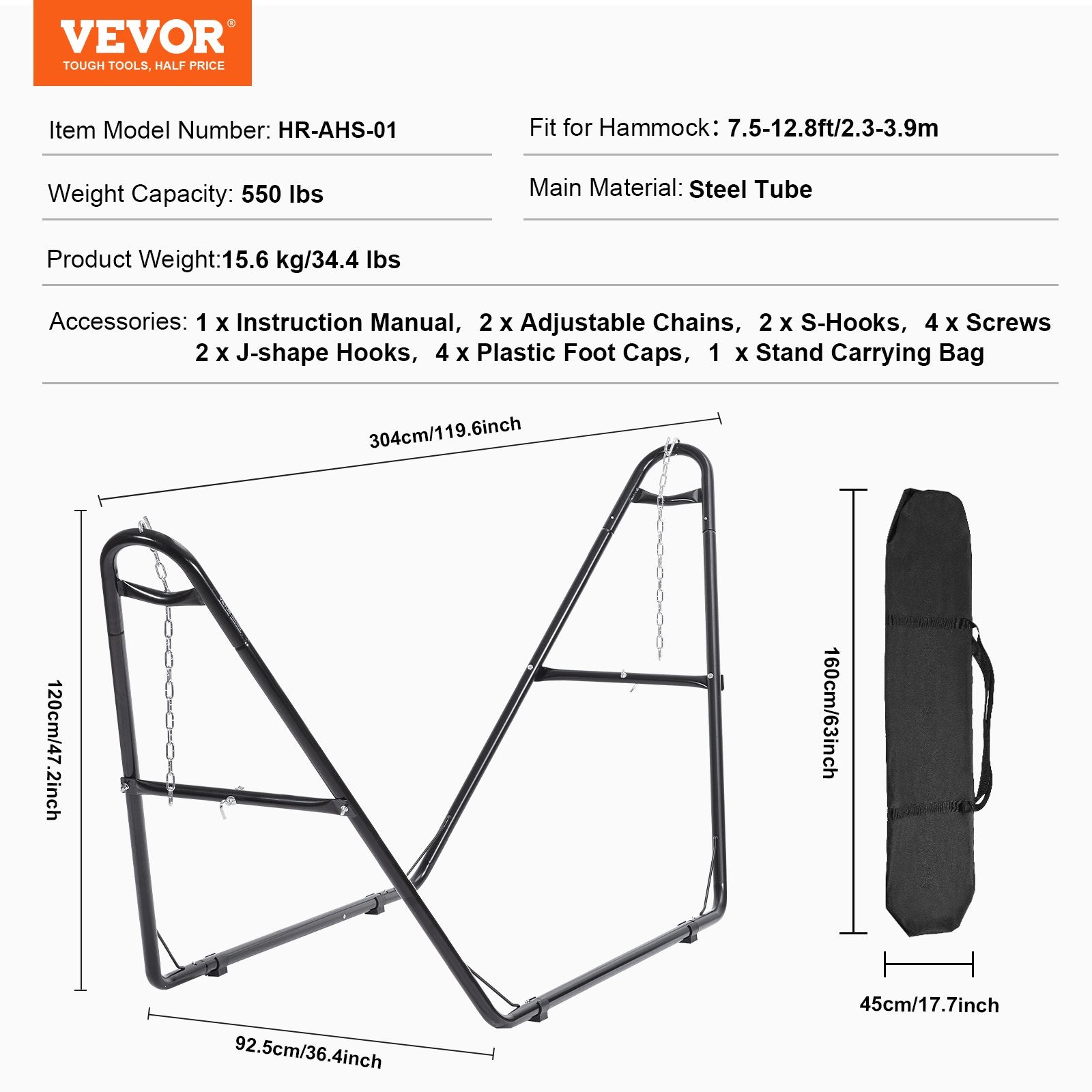 Universal 2 Person Hammock Stand, Adjustable Heavy Duty 550 lbs Capacity Hammock Stand Fits 8-13 ft Hammocks for Outdoor and Indoor Portable Hammock Stand with Chain, Hook, and Carrying Bag