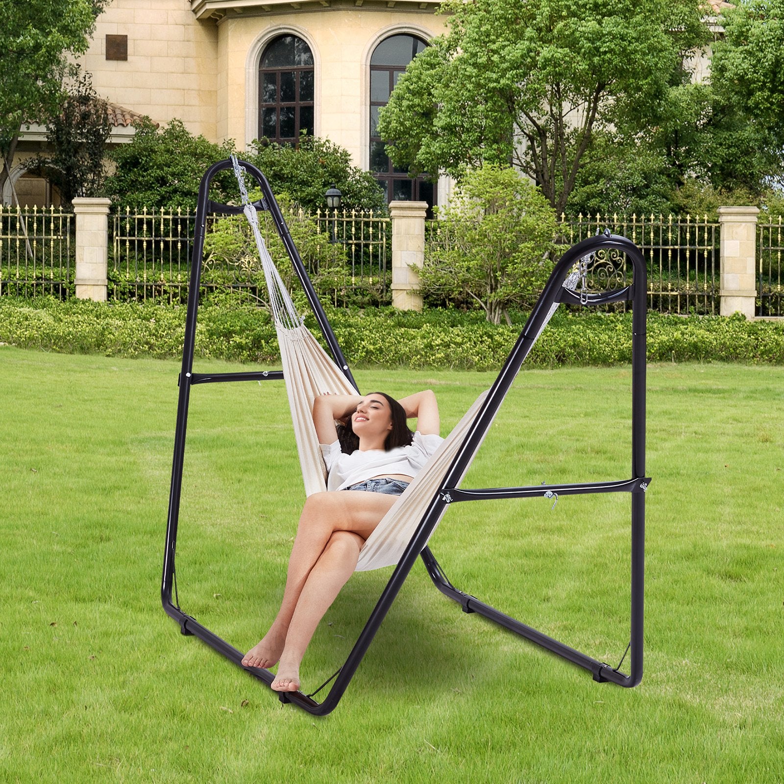 Universal 2 Person Hammock Stand, Adjustable Heavy Duty 550 lbs Capacity Hammock Stand Fits 8-13 ft Hammocks for Outdoor and Indoor Portable Hammock Stand with Chain, Hook, and Carrying Bag
