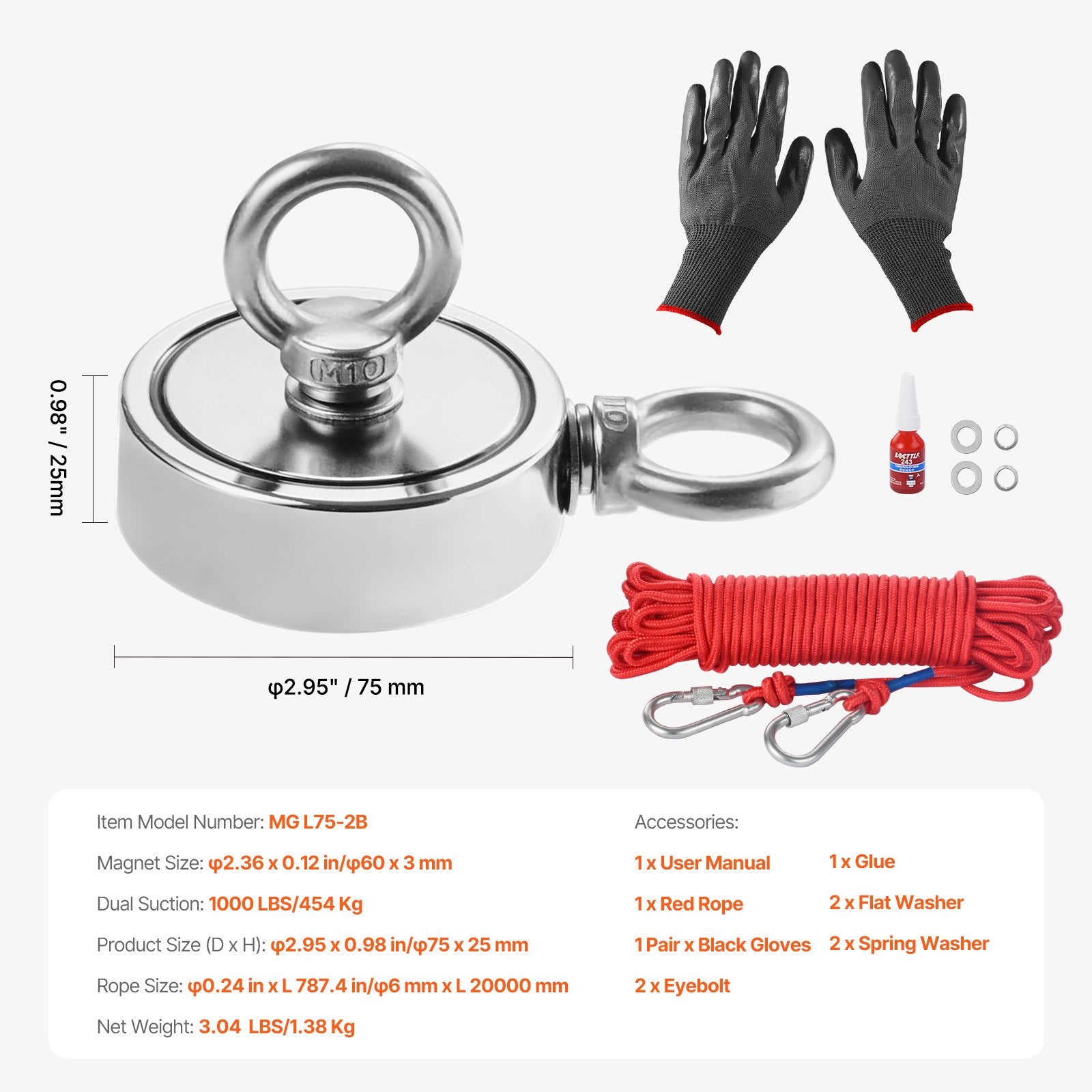 Camp Safety Equipment: VEVOR 454 Kg Strong Fishing Magnet Kit Double-Sided Pull Force Rope Carabiner
