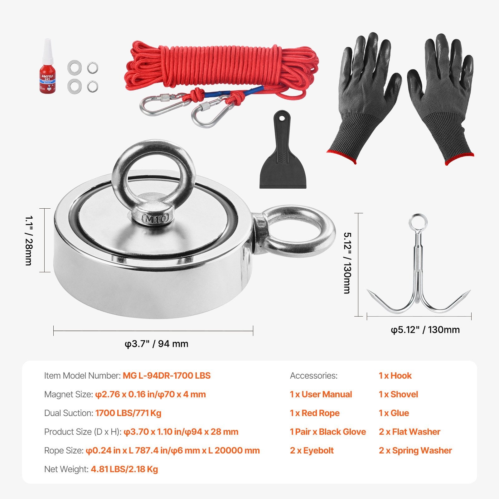 Camp Safety Equipment: VEVOR 771 Kg Strong Fishing Magnet Kit Double Sided Pull Force Rope Carabiner