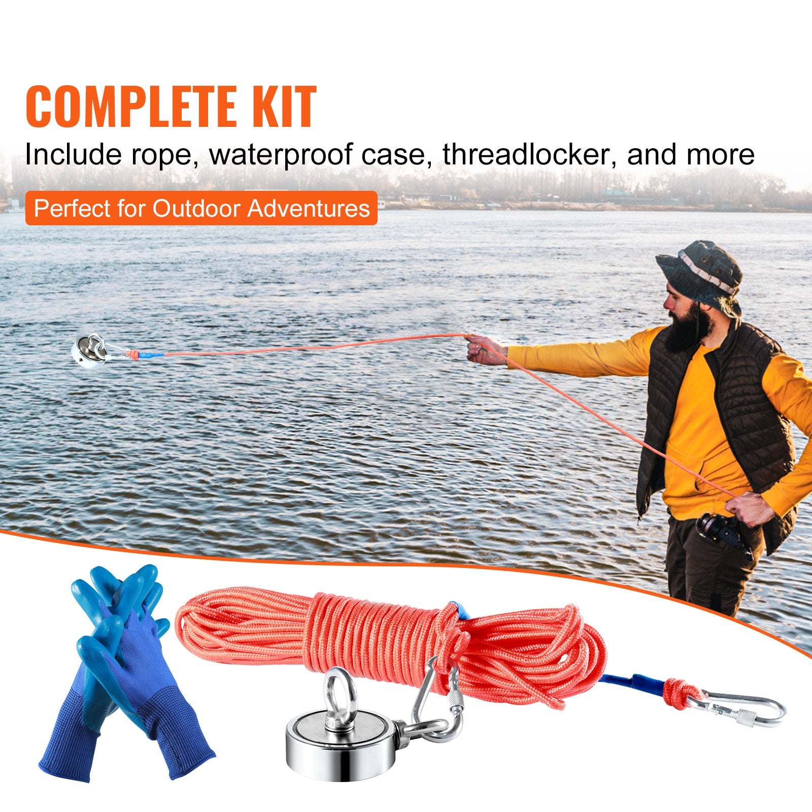 Camp Safety Equipment: VEVOR Magnet Fishing Kit, 1200lbs Pulling Force Double Sided Fishing Magnets, 2.95inch Diameter Magnet with Rope, Grappling Hook, Gloves, Waterproof Case, Threadlocker, Eye Bolt, for Fishing