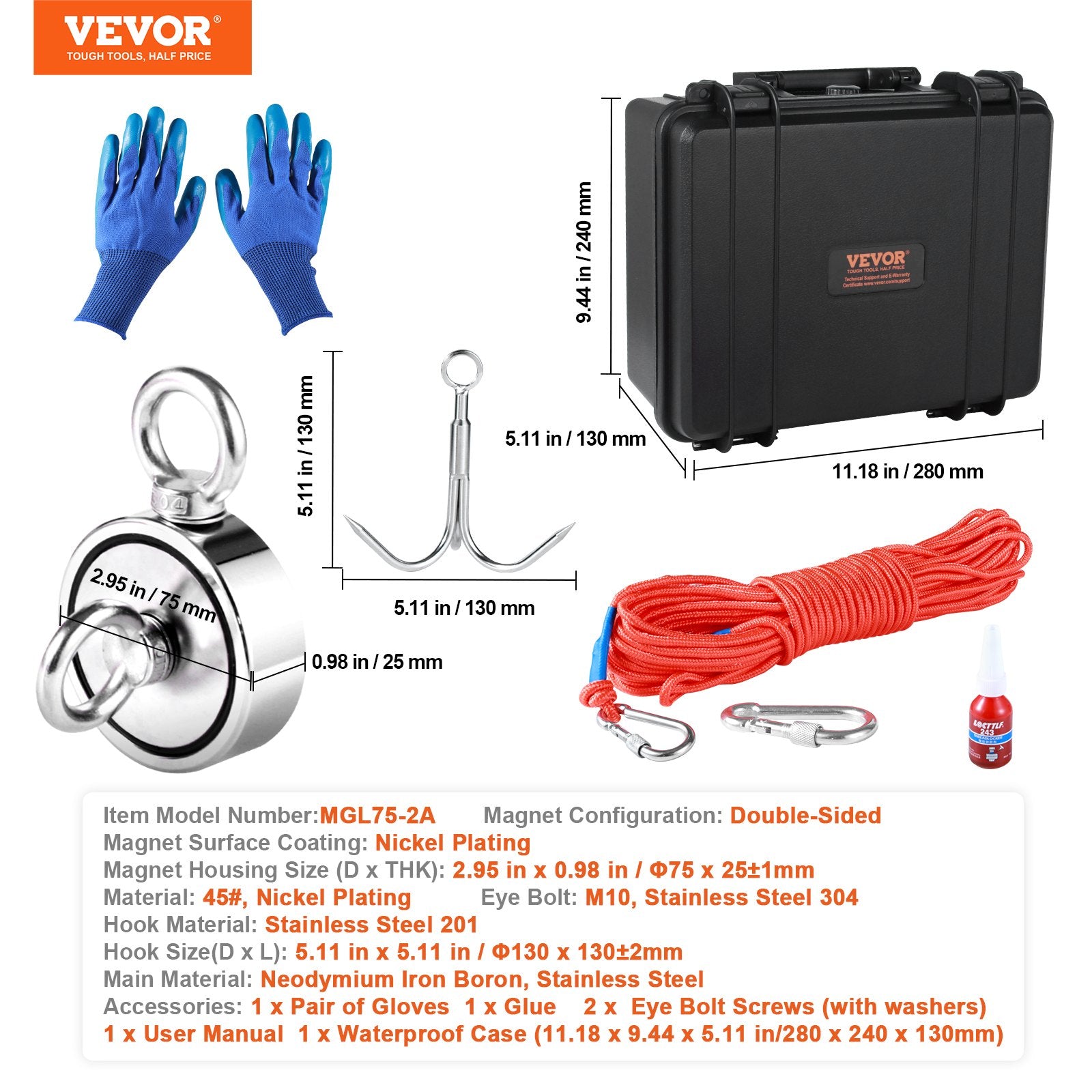 Camp Safety Equipment: VEVOR Magnet Fishing Kit, 1200lbs Pulling Force Double Sided Fishing Magnets, 2.95inch Diameter Magnet with Rope, Grappling Hook, Gloves, Waterproof Case, Threadlocker, Eye Bolt, for Fishing