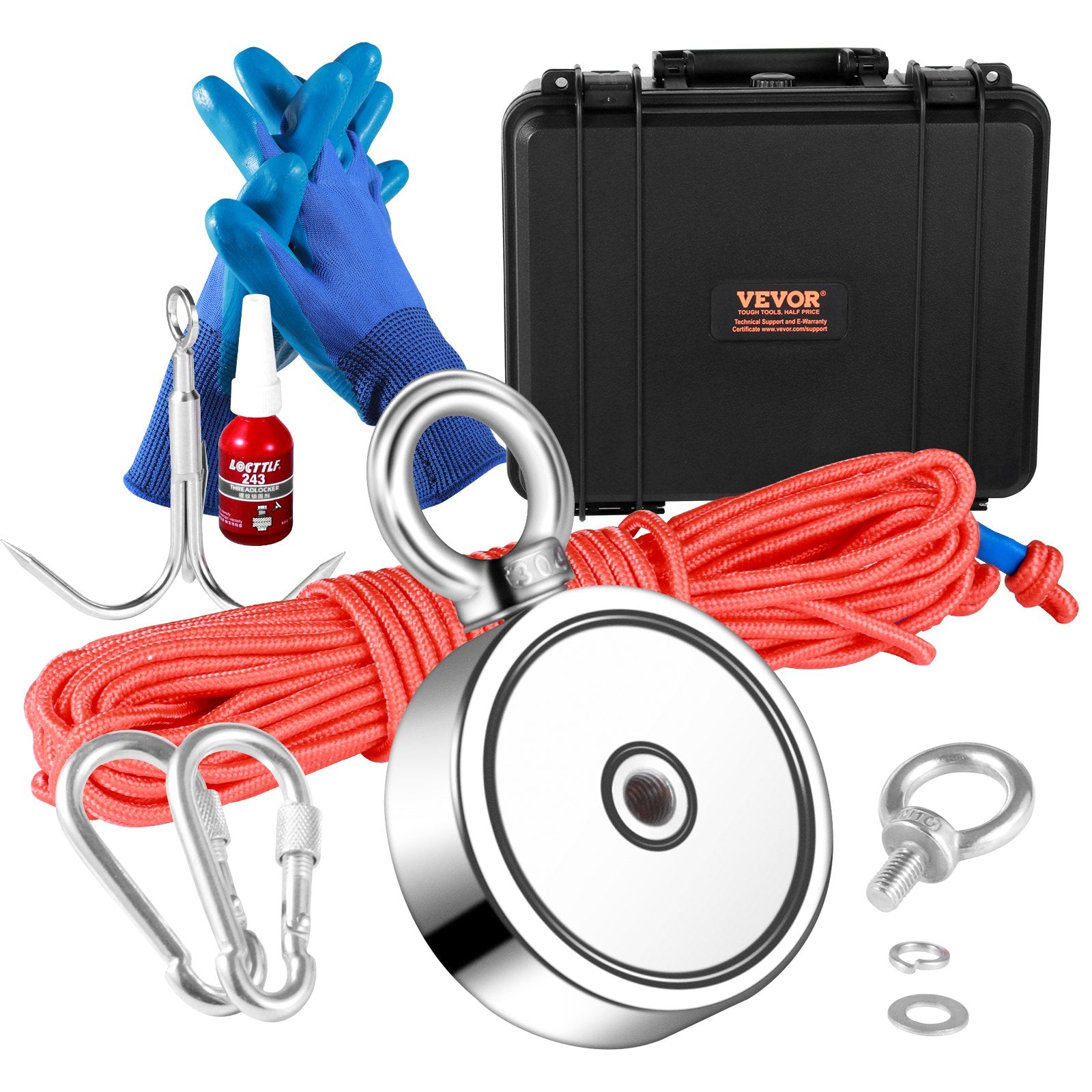 Camp Safety Equipment: VEVOR Magnet Fishing Kit, 1200lbs Pulling Force Double Sided Fishing Magnets, 2.95inch Diameter Magnet with Rope, Grappling Hook, Gloves, Waterproof Case, Threadlocker, Eye Bolt, for Fishing