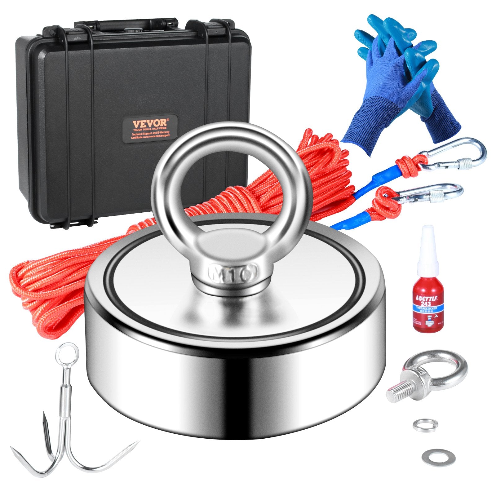 Camp Safety Equipment: VEVOR Magnet Fishing Kit, 1200lbs Pulling Force Double Sided Fishing Magnets, 2.95inch Diameter Magnet with Rope, Grappling Hook, Gloves, Waterproof Case, Threadlocker, Eye Bolt, for Fishing