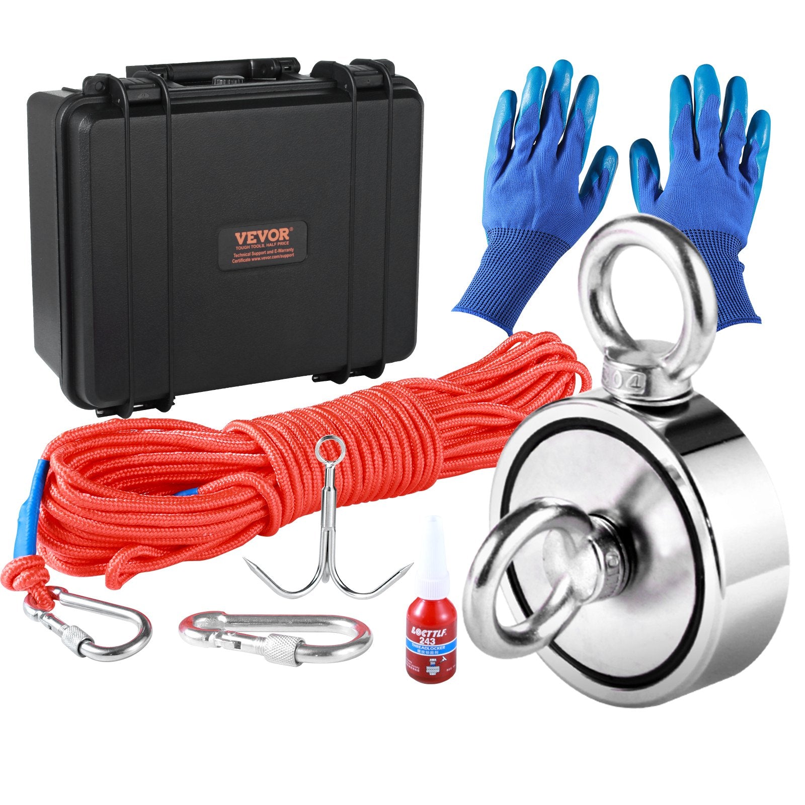 Camp Safety Equipment: VEVOR Magnet Fishing Kit, 1200lbs Pulling Force Double Sided Fishing Magnets, 2.95inch Diameter Magnet with Rope, Grappling Hook, Gloves, Waterproof Case, Threadlocker, Eye Bolt, for Fishing