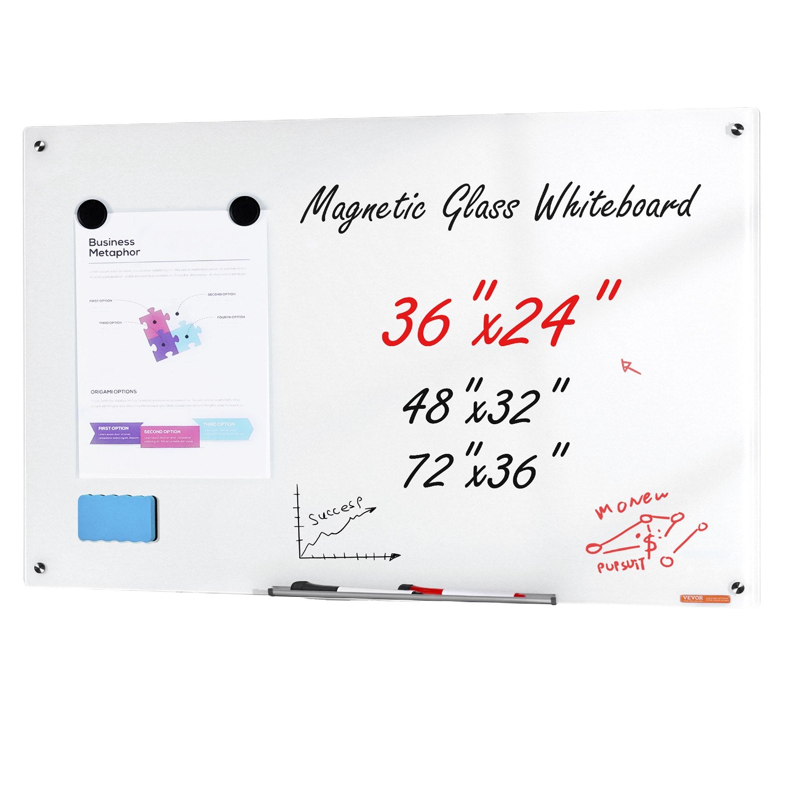 Posters, Paintings & Prints: VEVOR Magnetic Glass Whiteboard, Dry Erase Board 36"x24", Wall-Mounted Large White Glassboard Frameless, with Marker Tray, an Eraser and 2 Markers, White
