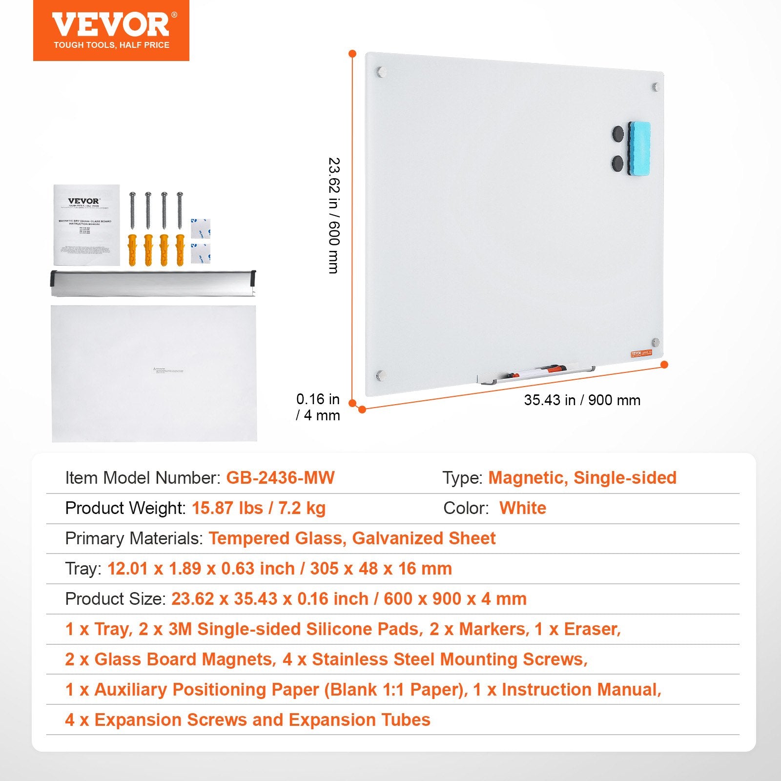 Posters, Paintings & Prints: VEVOR Magnetic Glass Whiteboard, Dry Erase Board 36"x24", Wall-Mounted Large White Glassboard Frameless, with Marker Tray, an Eraser and 2 Markers, White