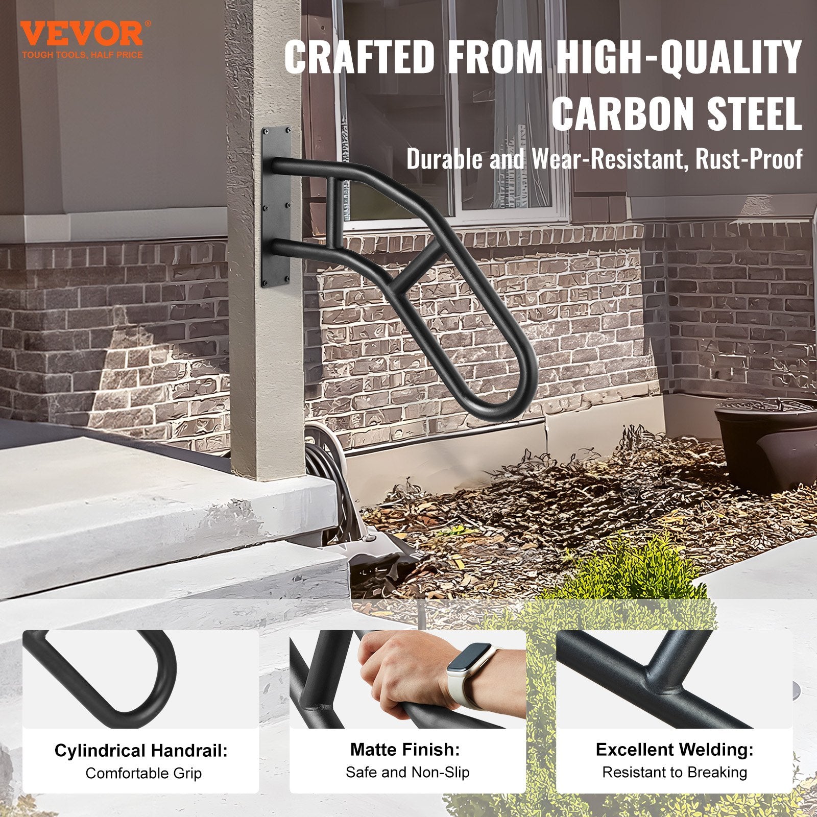 Door Hardware: VEVOR Handrails for Outdoor Steps, 32" Length Wall Mount Safety Railings for 1-3 Steps, U-Shaped Handrail with Matte Black Finished, Stair Handrails for Kids, Elderly, Pregnant Women, Disabled