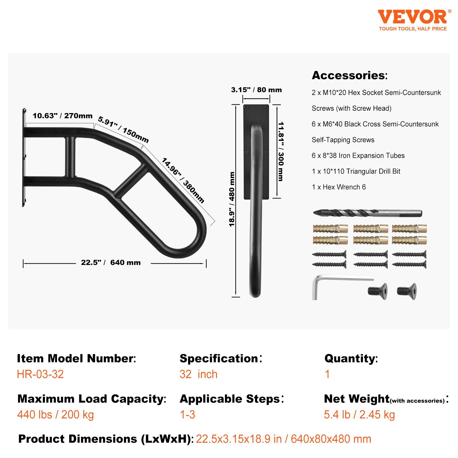 Door Hardware: VEVOR Handrails for Outdoor Steps, 32" Length Wall Mount Safety Railings for 1-3 Steps, U-Shaped Handrail with Matte Black Finished, Stair Handrails for Kids, Elderly, Pregnant Women, Disabled