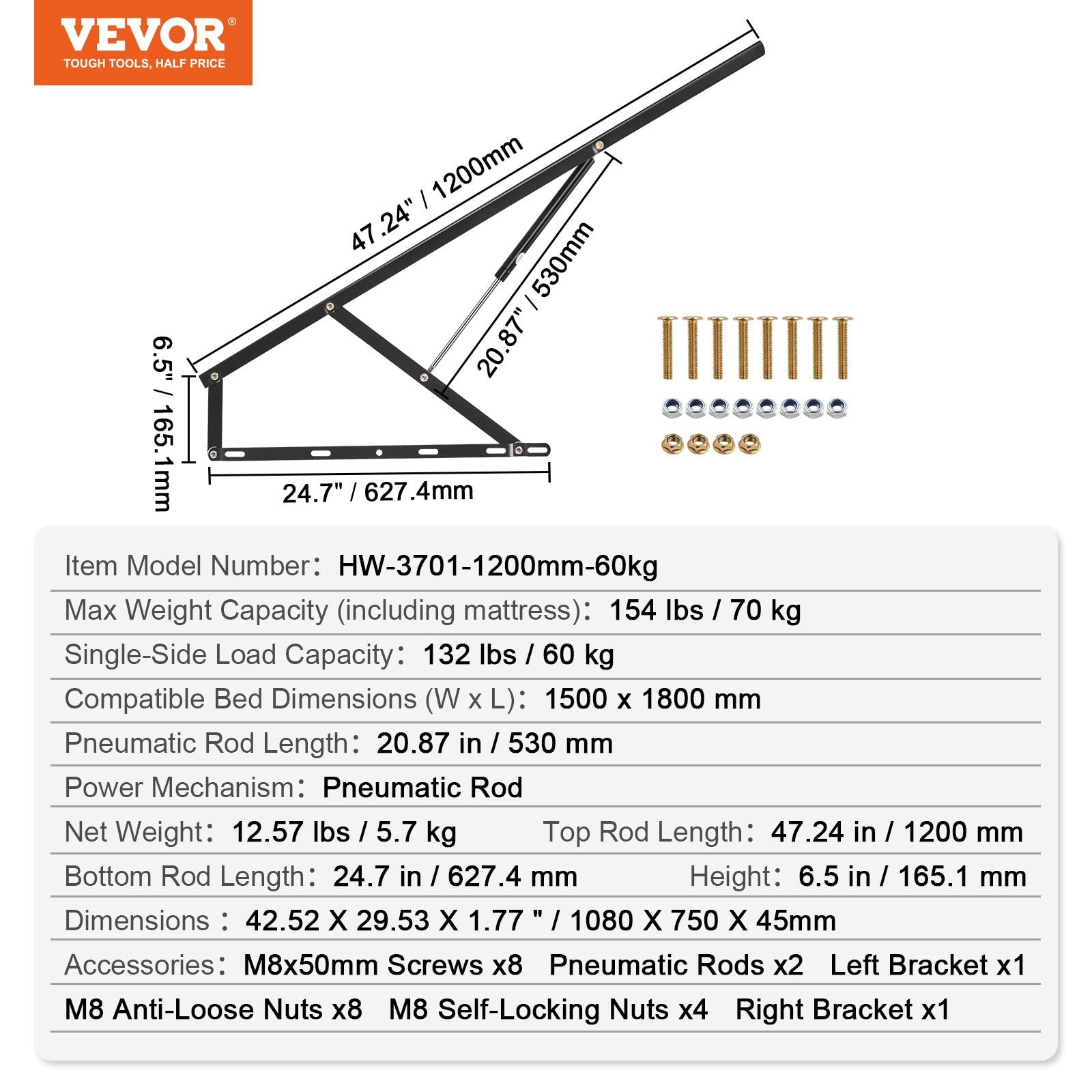 Beds & Bed Frames: VEVOR Bed Lift 59x71 in Compatible Bed Size 154 lbs Load DIY Wall Bed Hardware