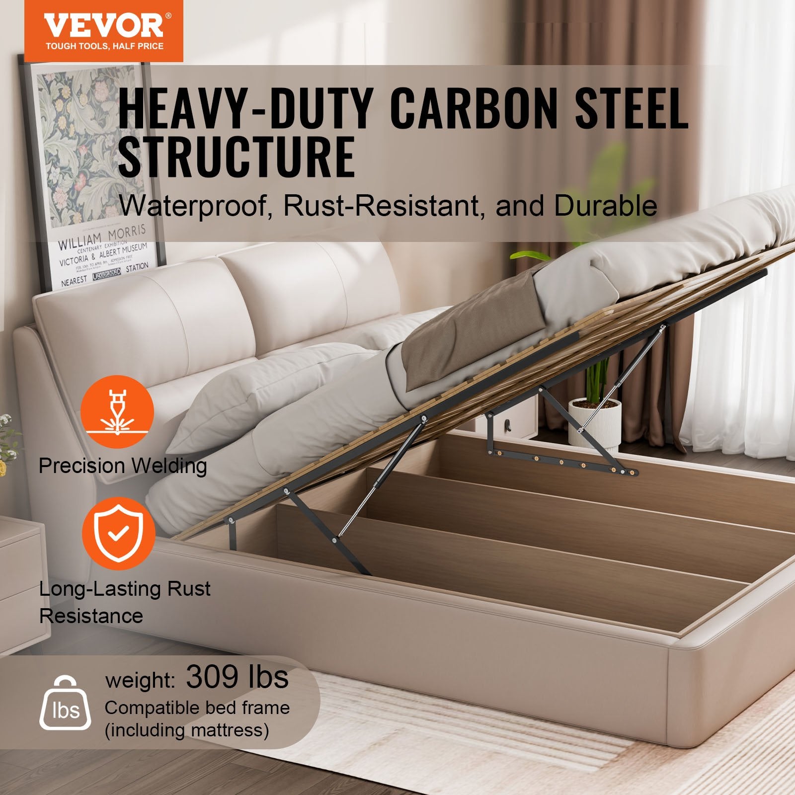 Beds & Bed Frames: VEVOR Bed Lift, 1500x2000mm Compatible Extra-large Size 140kg Load Bearing, DIY Wall Bed Mechanical Hardware Kit Vertical Deluxe, Pneumatic Lever Heavy Duty Support, Folding for Guestroom