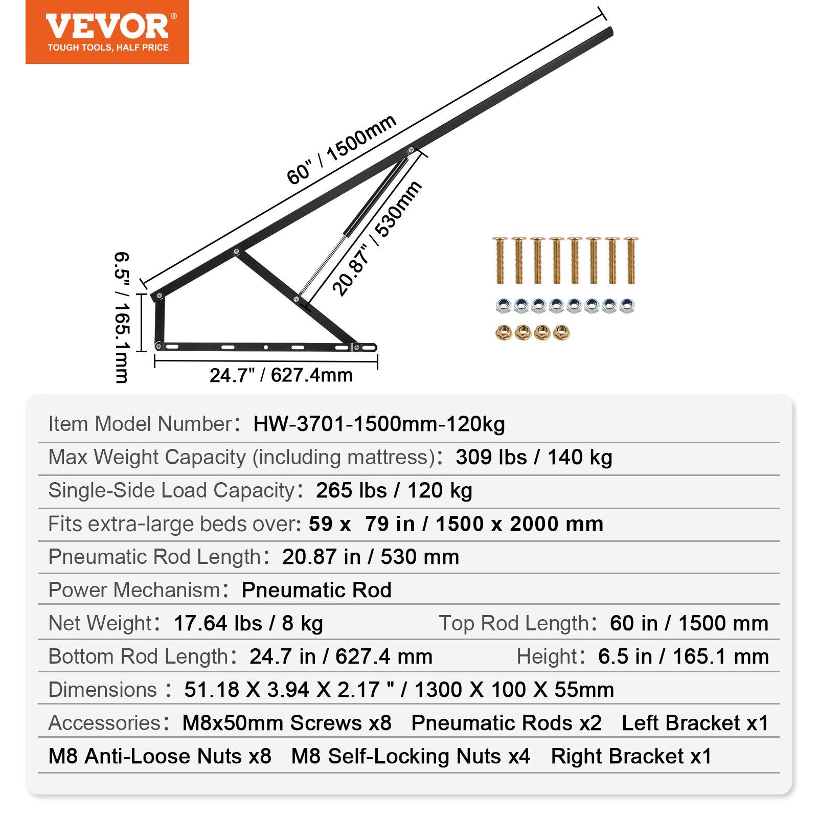 Beds & Bed Frames: VEVOR Bed Lift, 1500x2000mm Compatible Extra-large Size 140kg Load Bearing, DIY Wall Bed Mechanical Hardware Kit Vertical Deluxe, Pneumatic Lever Heavy Duty Support, Folding for Guestroom