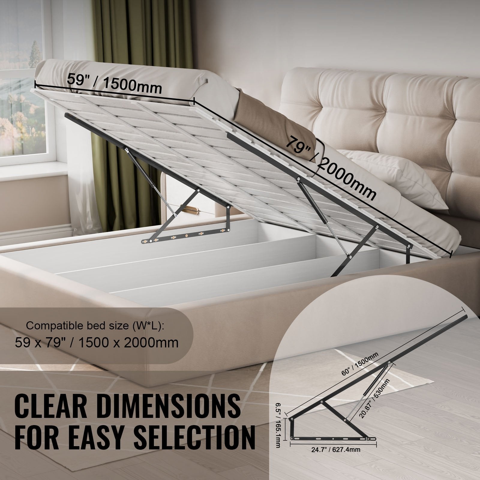 Beds & Bed Frames: VEVOR Bed Lift 59x79 in Compatible Bed Size 265 lbs Load DIY Wall Bed Hardware