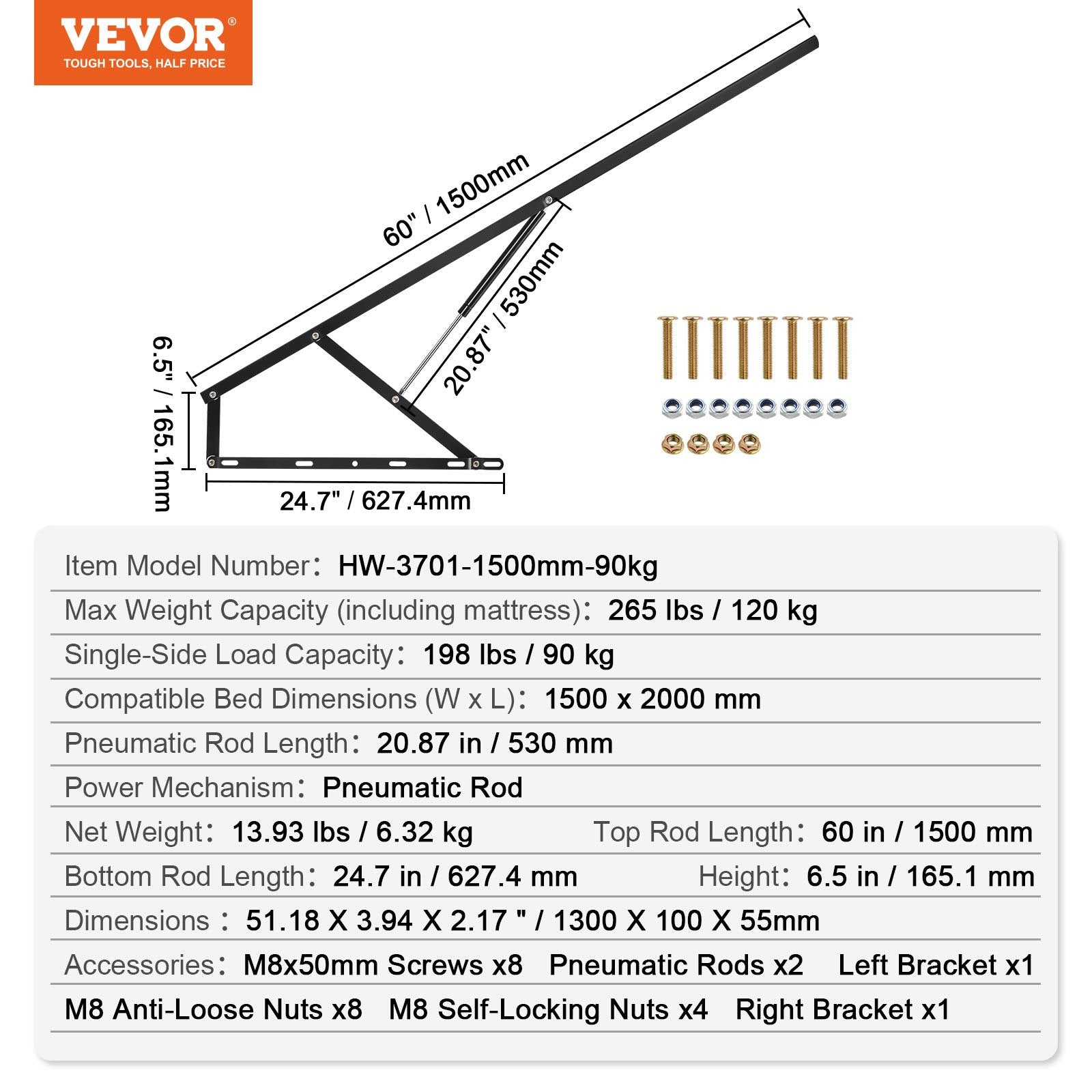 Beds & Bed Frames: VEVOR Bed Lift 59x79 in Compatible Bed Size 265 lbs Load DIY Wall Bed Hardware