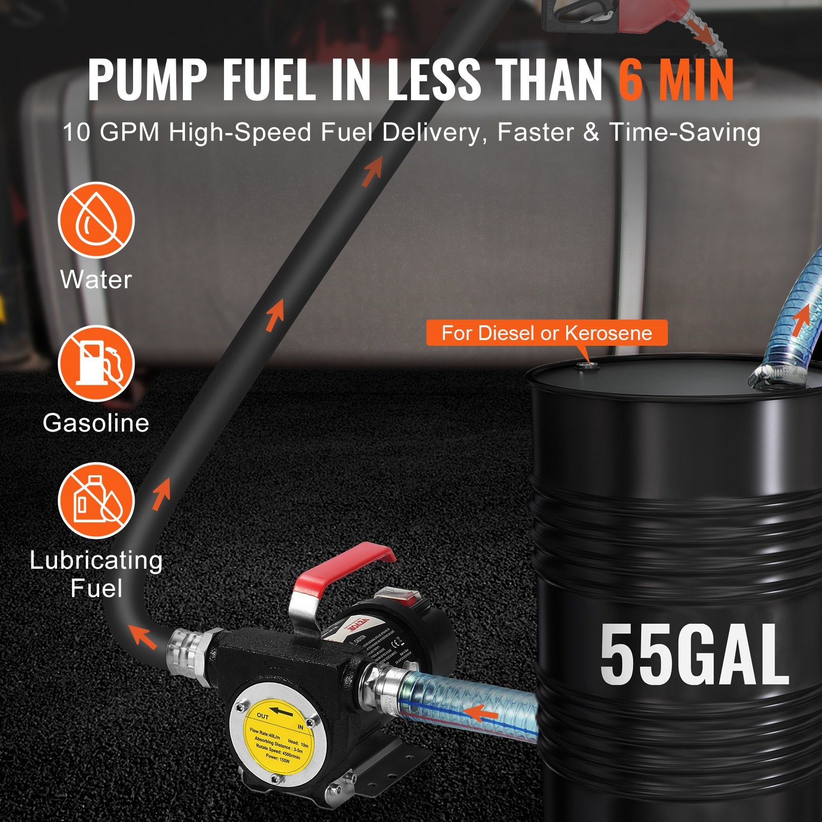 Fuel & Exhaust: VEVOR Fuel Transfer Pump, 12V DC 10 GPM 1/4 HP, Portable Electric Diesel Transfer Pump with Automatic Shut-Off Fuel Nozzle, High Flow, Long Inlet & Outlet Hose for Diesel, Kerosene, Transformer Fuel