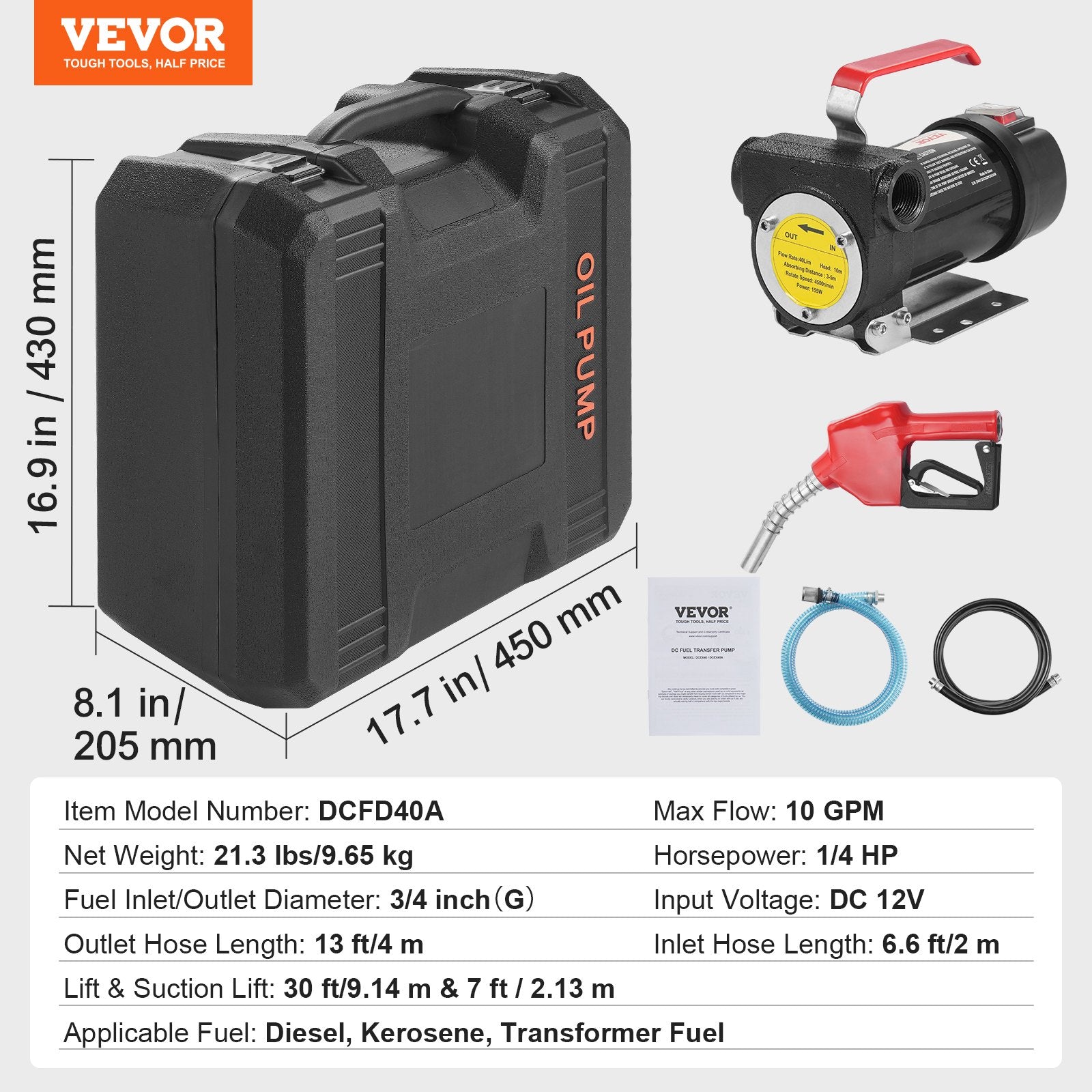 Fuel & Exhaust: VEVOR Fuel Transfer Pump, 12V DC 10 GPM 1/4 HP, Portable Electric Diesel Transfer Pump with Automatic Shut-Off Fuel Nozzle, High Flow, Long Inlet & Outlet Hose for Diesel, Kerosene, Transformer Fuel