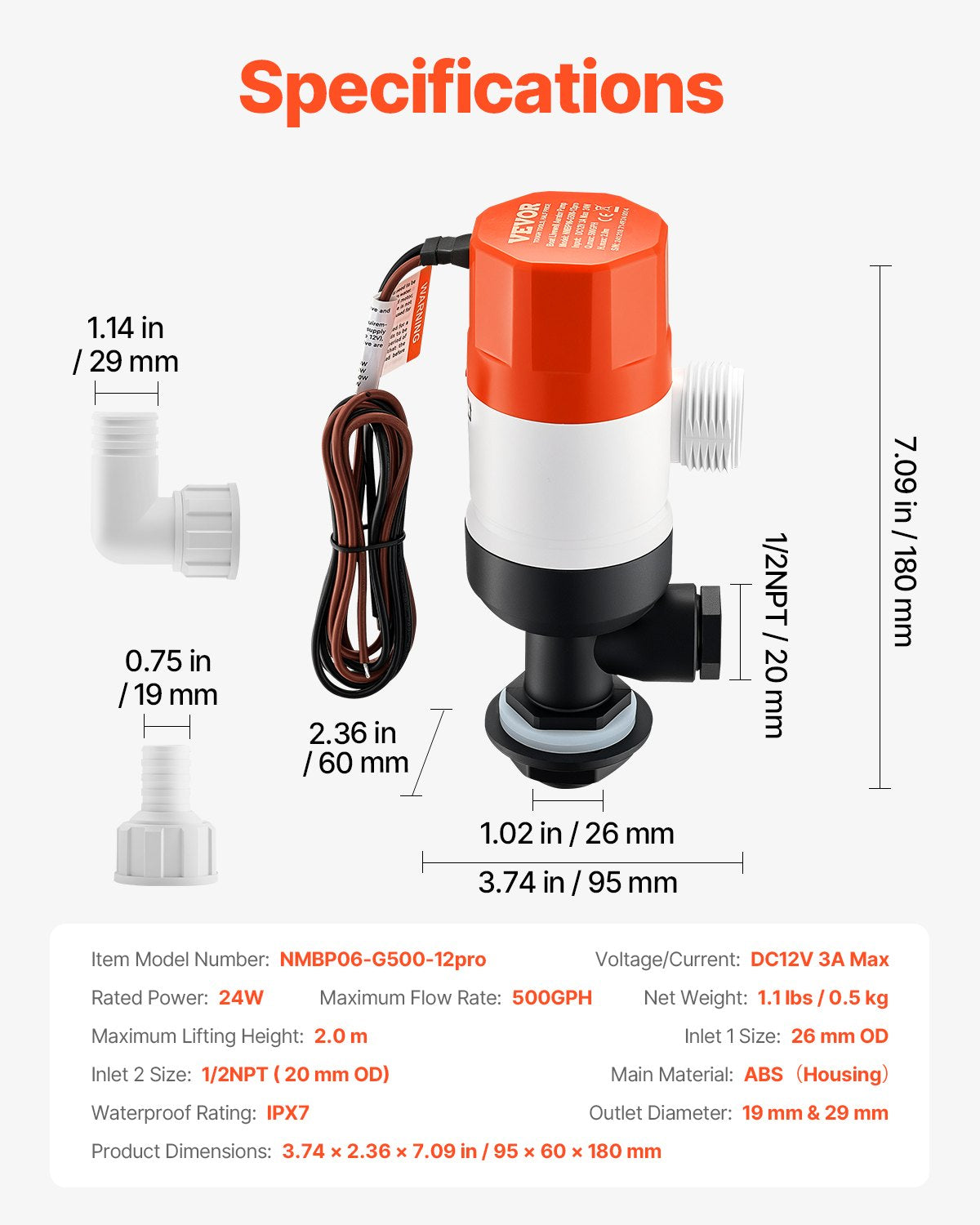 Fuel & Exhaust: VEVOR Livewell Pump for Boat 12V 500 GPH Livewell Aerator Pump Straight 2 Inlets