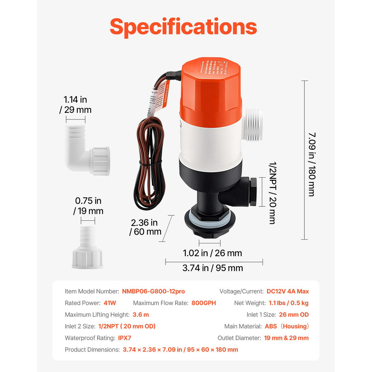 Livewell Pump for Boat, 12V 800 GPH Straight Livewell Aerator Pump with Dual Inlet, ABA Housing & Detachable Motor Cartridge, Corrosion-Resistant Livewell/Baitwell Pump for Freshwater Saltwater