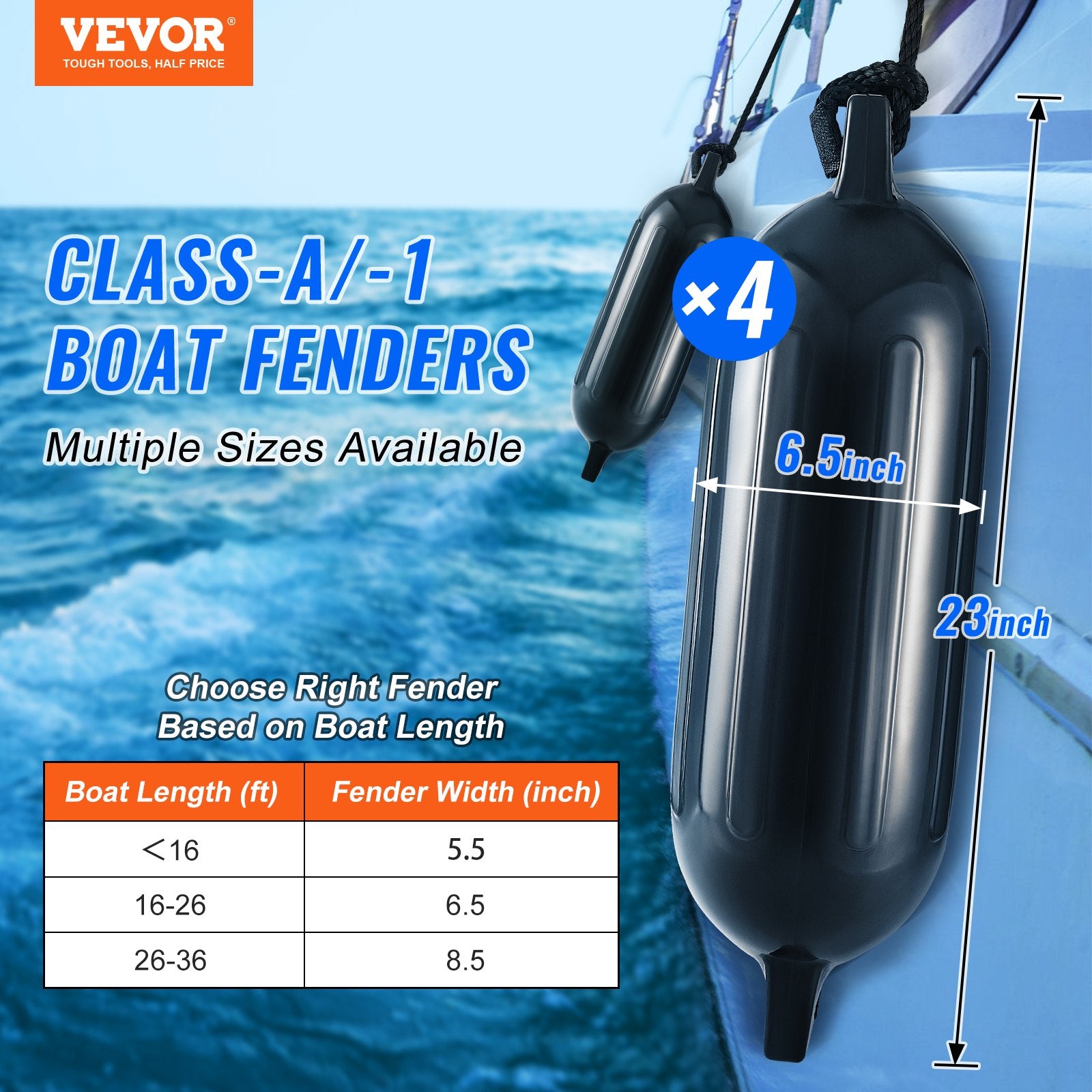 Boating Accessories: VEVOR Boat Fenders, 6.5" x 23" Boat Bumpers for Docking, Inflatable Ribbed Fender with Center Holes, Marine Boat Dock Fender Bumper with Air Pump, 4 Needles and 4 Ropes and Storage Bag, Black