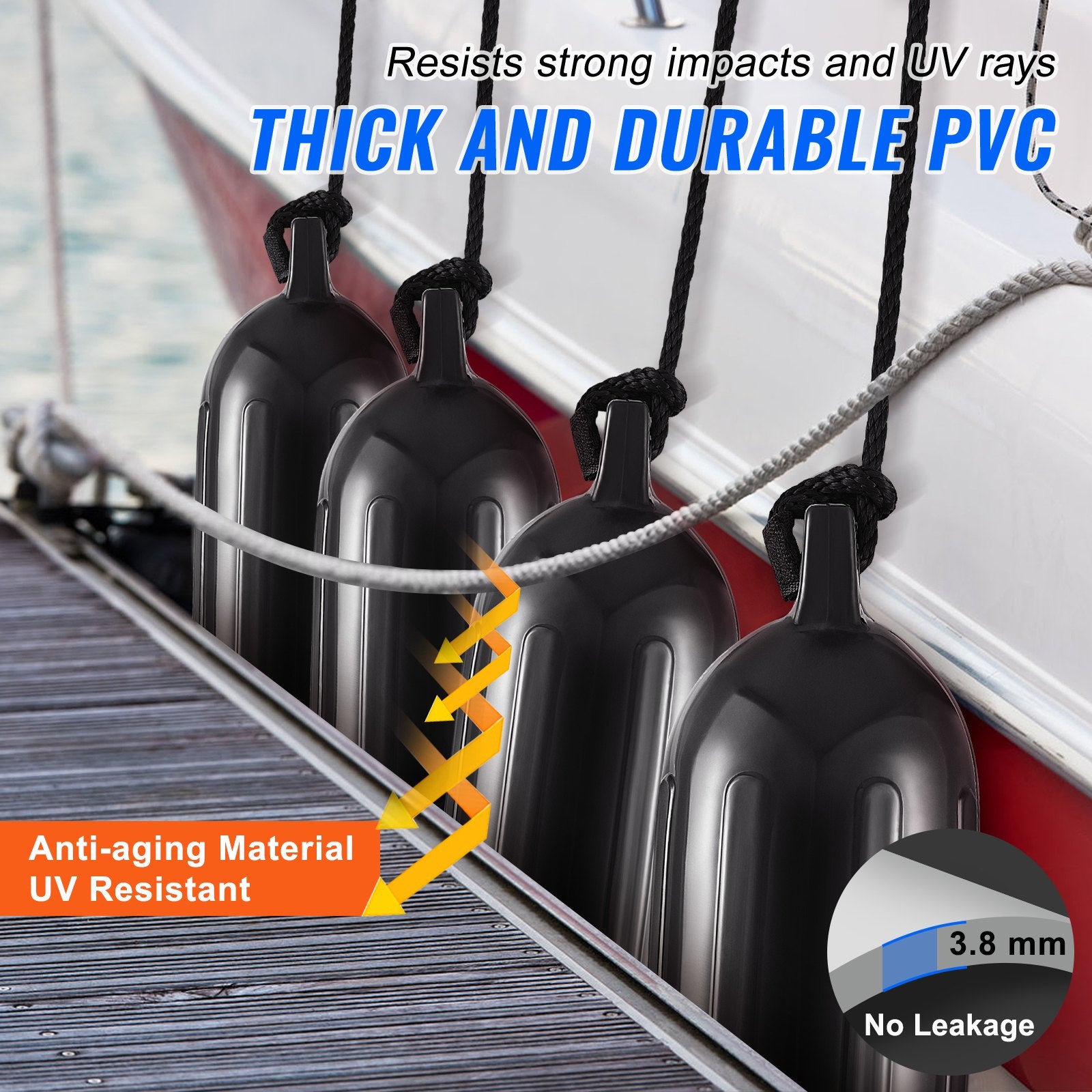 Boating Accessories: VEVOR Boat Fenders, 6.5" x 23" Boat Bumpers for Docking, Inflatable Ribbed Fender with Center Holes, Marine Boat Dock Fender Bumper with Air Pump, 4 Needles and 4 Ropes and Storage Bag, Black