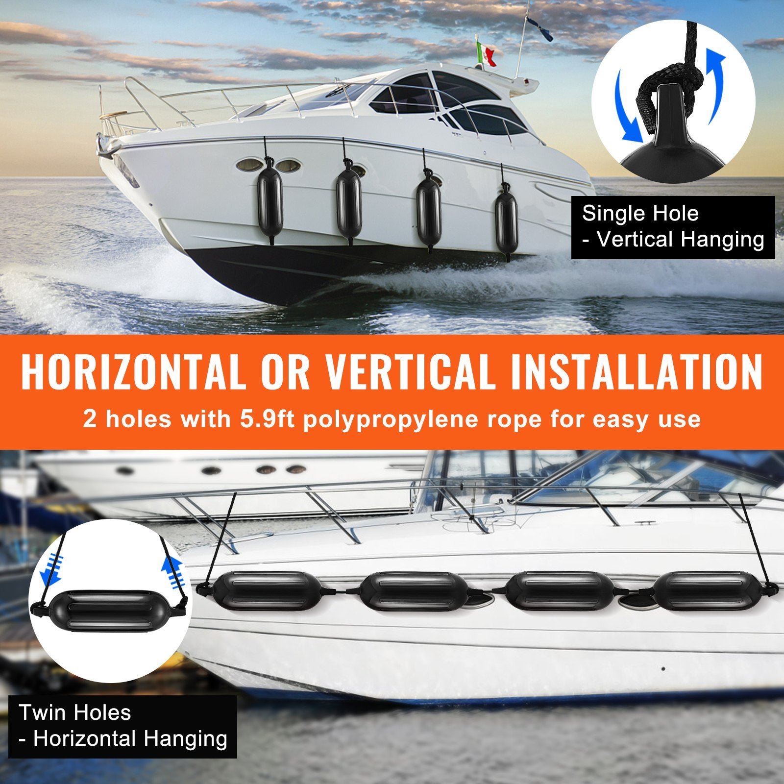 Boating Accessories: VEVOR Boat Fenders, 6.5" x 23" Boat Bumpers for Docking, Inflatable Ribbed Fender with Center Holes, Marine Boat Dock Fender Bumper with Air Pump, 4 Needles and 4 Ropes and Storage Bag, Black