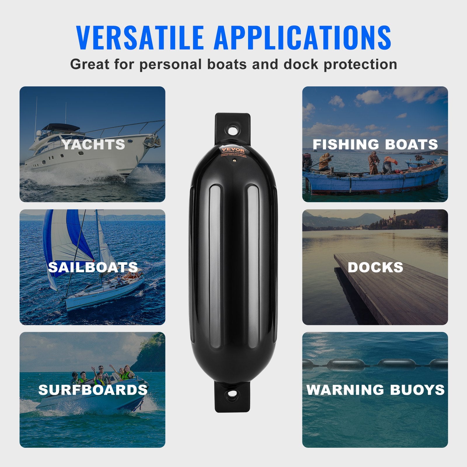 Boating Accessories: VEVOR Boat Fenders, 6.5" x 23" Boat Bumpers for Docking, Inflatable Ribbed Fender with Center Holes, Marine Boat Dock Fender Bumper with Air Pump, 4 Needles and 4 Ropes and Storage Bag, Black